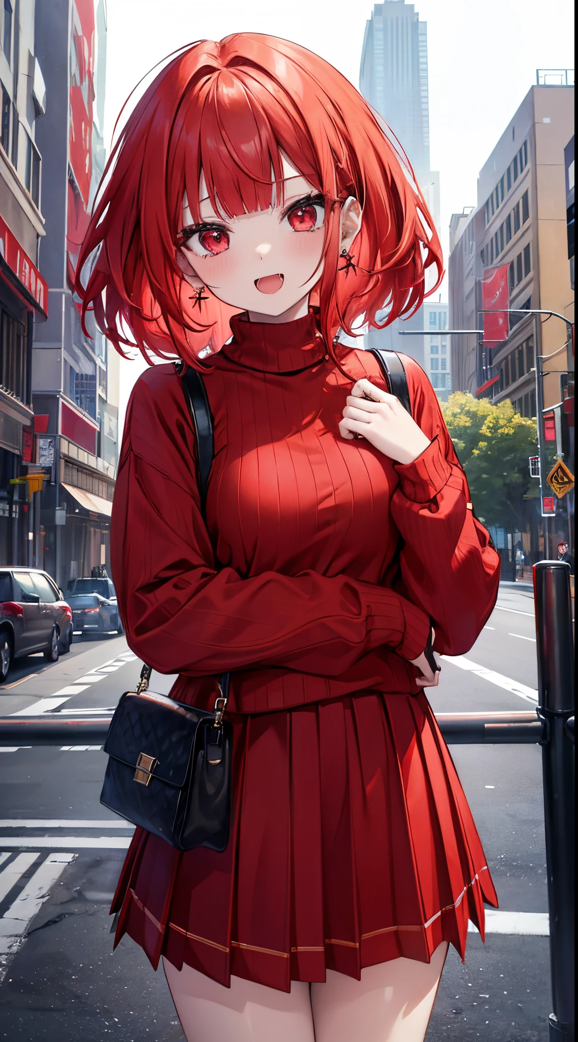 (8K、Top image quality、top-quality、​masterpiece)、A detailed face、1 girl in、red hairmedium hair、blunt bangs、red eyes、piercings、Show your fangs and laugh、Moderately breasts、White High Neck Sweater、long-sleeve、red plaid mini pleated skirt、cowboy  shot、Downtown background