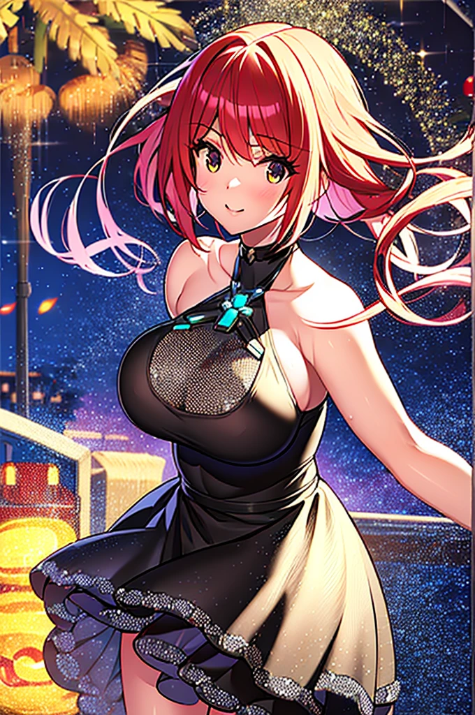 (8K, Best Quality, masutepiece:1.2), (Realistic, Photorealsitic:1.37) , 1girl in, (carousel, Night), Miao Xiaoji(secret_tee), Detailed face, Detailed eyes, Black Dress、masterpiece, top-quality, girl with, pyra\(Xenoblade\), girl with, bangss, breastsout, Akame, Mouth closed, Eye lashes, Floating hair,breastsout, Red hair, Masatsugu Saito, short-hair, skins 、独奏, swept bangs、Xenoblade Chronicles\(Series\)、(Xenoblade Chronicles 2)、Homura、