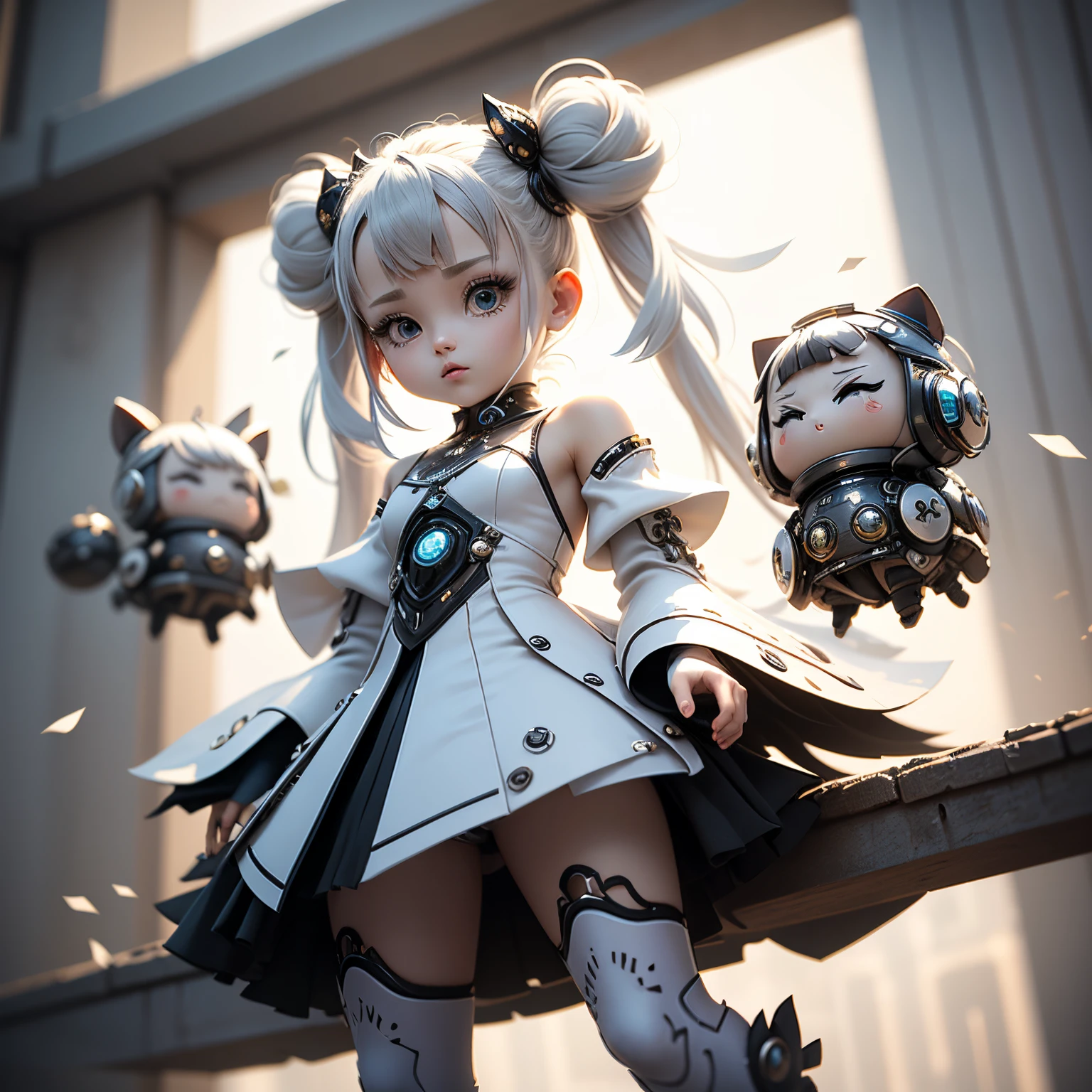 ​masterpiece、top-quality、ultra-detailliert、（Chibi Chara's Daughter：1.3），（White theme：1.3），（cyber future design：1.4）（White High Neck Cyber Dress Rare Sleeves、flered skirt、Bare shoulders：1.5），（Metallic fabric with built-in LED light：1.3），（Hair ornament inspired by the cyber future：1.3），（Cyber futuristic city on white background：1.5），（Blurry：1.4），chibi character anime 3d
