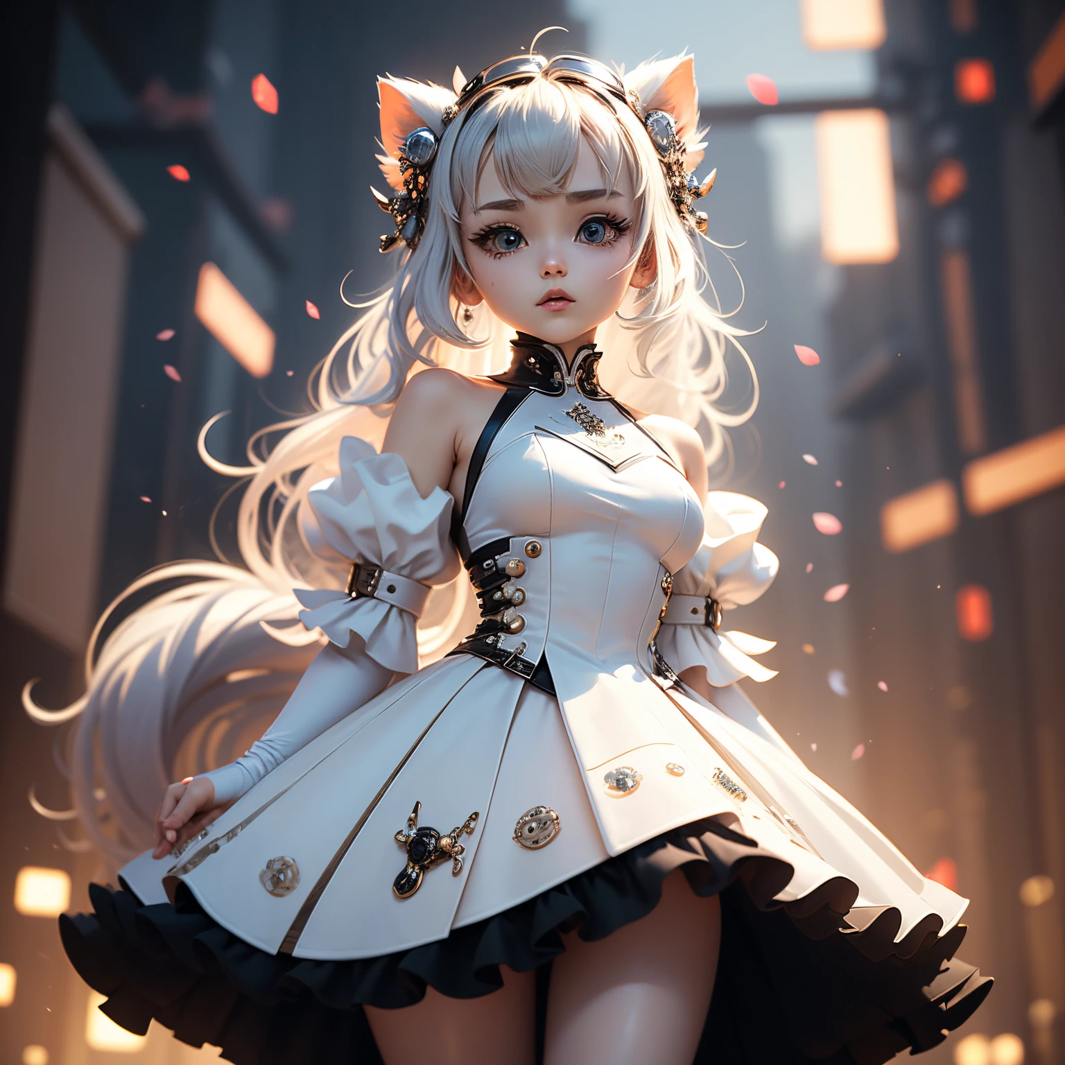 masterpiece、top-quality、ultra-detailliert、(Chibi Chara's Daughter:1.4),(White theme:1.3),(cyber future design:1.4)(White High Neck Cyber Dress Rare Sleeveless Skirt、Bare shoulders:1.5),(Metallic fabric with built-in LED light:1.3),(Hair ornament inspired by the cyber future:1.3),(Cyber futuristic city on white background:1.5),(Blurry:1.4),chibi character anime 3d