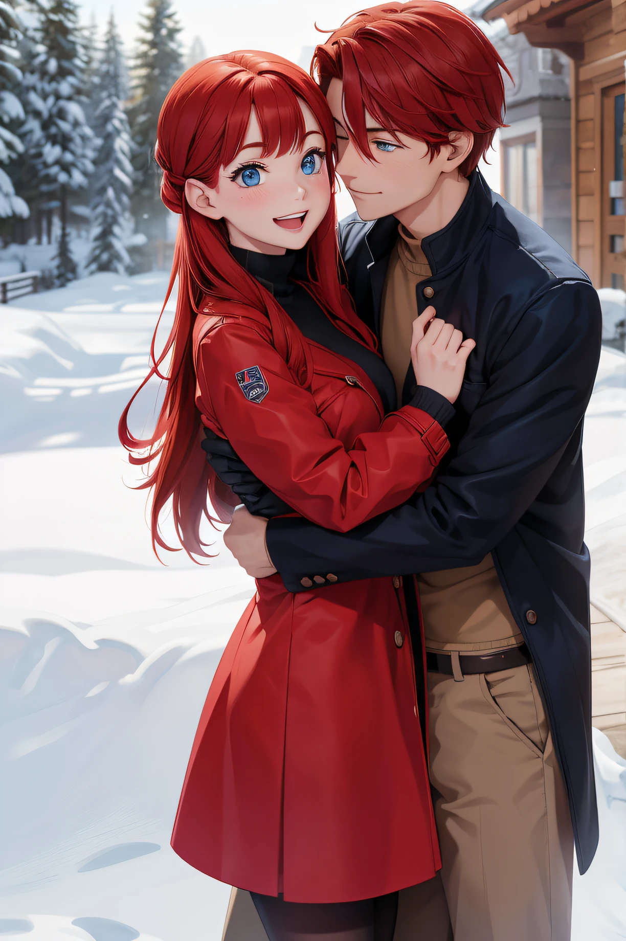 one man and one woman, Red-Haired, Blue Eyes, Standing hugging each other in the snow, perfect face, Smiles. Wrapped around the neck