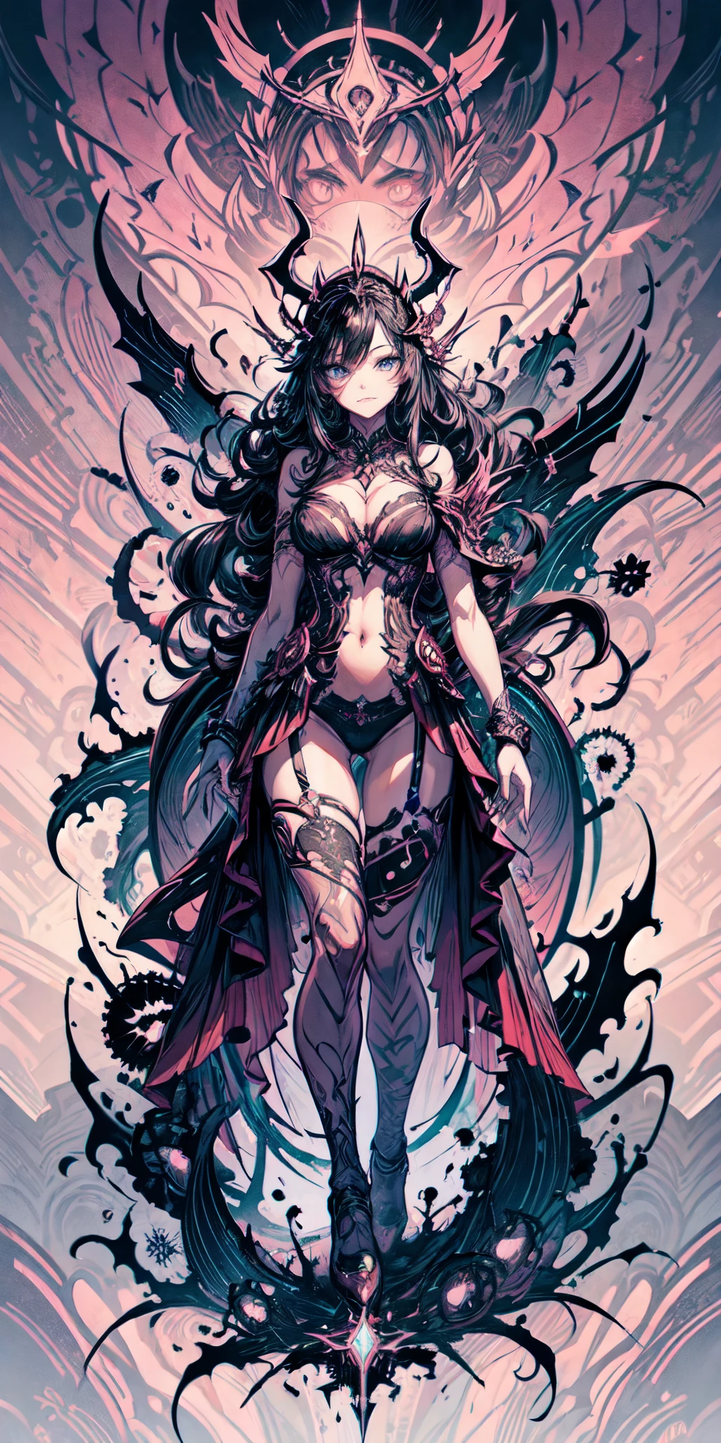 full body, lingerie,Explosive, otherworldly painting of a shape-shifting deity adorned with chaotic rock and roll motifs and omnipresent, piercing eyes, a breathtaking amalgamation of fine art and captivating photo collage, mesmerizing poster design:: their appearance exuded the enigmatic allure of cyberpunk minimalism fused with cosmic chaos:: --ar 9:16 --s 963 --c 9 --q 2 --v 5