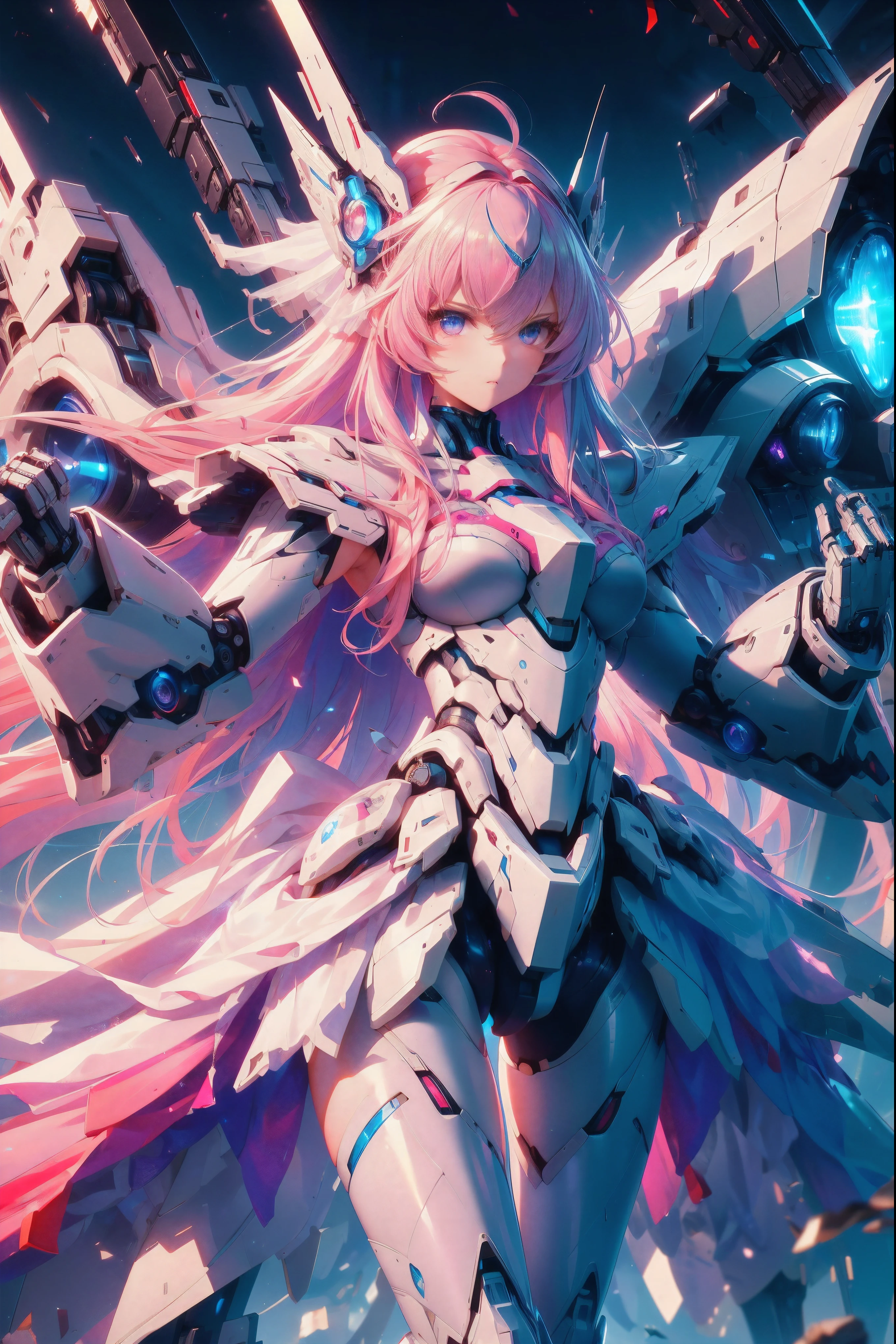 (8K、top-quality、tmasterpiece:1.2),hyper HD, retinas, Anatomically correct, Textured skin, Super Detail, Best Quality, hight resolution、Hyper-detailing,Solo,1人の女性,full body Esbian,a mecha girl,(Pink hair),Blue eyes,,Little Girl,Lady,medium breasts,White skin,{Mechanical parts,Mecha tights,mechanical antenna},hightquality，tmasterpiece，Delicate facial features，Delicate hair，Delicate eyes，Delicate hair，hight resolution,beautifuldetails,Excellent human anatomy、Incendiary perspective、Bold moves、