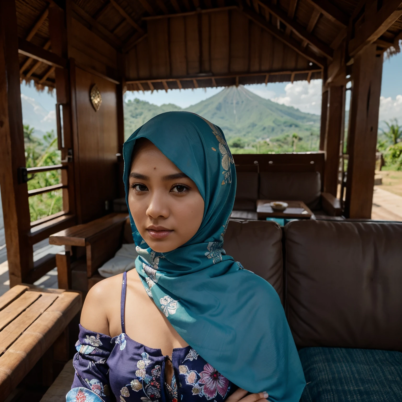 lima gadis indonesia dengan memakai gaun batik, hijab, real face, full body, duduk di sofa, jendela, gorden, tampak candi di kejauhan, bulan, awan biru, langit cerah, pohon, wajah menghadap penonton, suasana siang hari, dan cerah, awan biru, siluet gunung di kejauhan, chiaroscuro meningkatkan kesan detail yang rumit,realistis, beautiful scenery, hd detail 8k