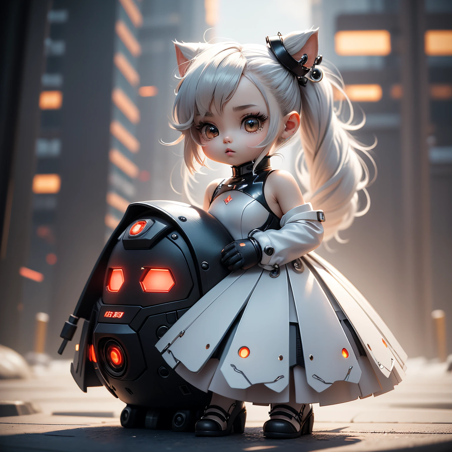 masterpiece、top-quality、ultra-detailliert、(Chibi Chara's Daughter:1.4),(White theme:1.3),(cyber future design:1.4)(White High Neck Cyber Dress Rare Sleeveless Skirt、Bare shoulders:1.5),(Metallic fabric with built-in LED light:1.3),(Hair ornament inspired by the cyber future:1.3),(Cyber futuristic city on white background:1.5),(Blurry:1.4),chibi character anime 3d
