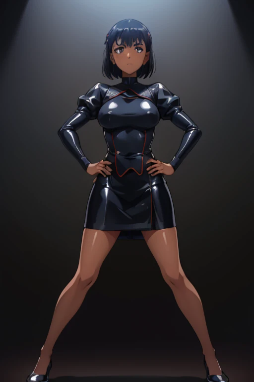 Masterpiece, Best Quality, Highly detailed, illustration, absurdres, agent aika, black delmo uniform, jacket pencil skirt, miniskirt, extremely glossy latex, puffy sleeves, tight miniskirt, latex, Beautiful body, Beautiful Nose, Beautiful character design, perfect eyes, perfect face, beautiful legs, perfect legs, Nice hands, Perfect hand, 1girl, solo, expressionless, blank eyes, looking at viewer, emotionless, black latex, corrution, mind control, female combatant, full body, hypnotized, unhappy trance, perfect female body, hypnosis, hypnoLora, empty eyes, Mind control device, poses, submissive_pose, standing, standing at attention, standing at attention, arms at sides, SummerTime Rendering, Kofune Mio, dark skin, black hair, short hair, from behind