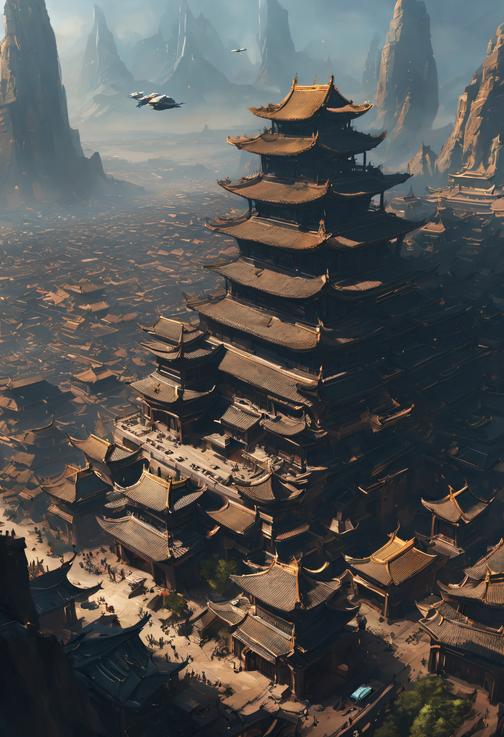 (8K, Best quality, ultra - detailed, actual:1.37), The spaceship flies over the ancient city of Chang&#39;an&#39;Show on the, Chinese big breasts, ancient city landscape, bird's eyes view, Concept art inspired by Craig Mullins, CGSociety Contest Winners, space art, detailed sci-fi art, sparth style, Star Citizen Concept Art, 8k high detail concept art, craig mullins style, nicolas bouvier sparth, scifi concept art, Bastien Grevy, scifi concept art