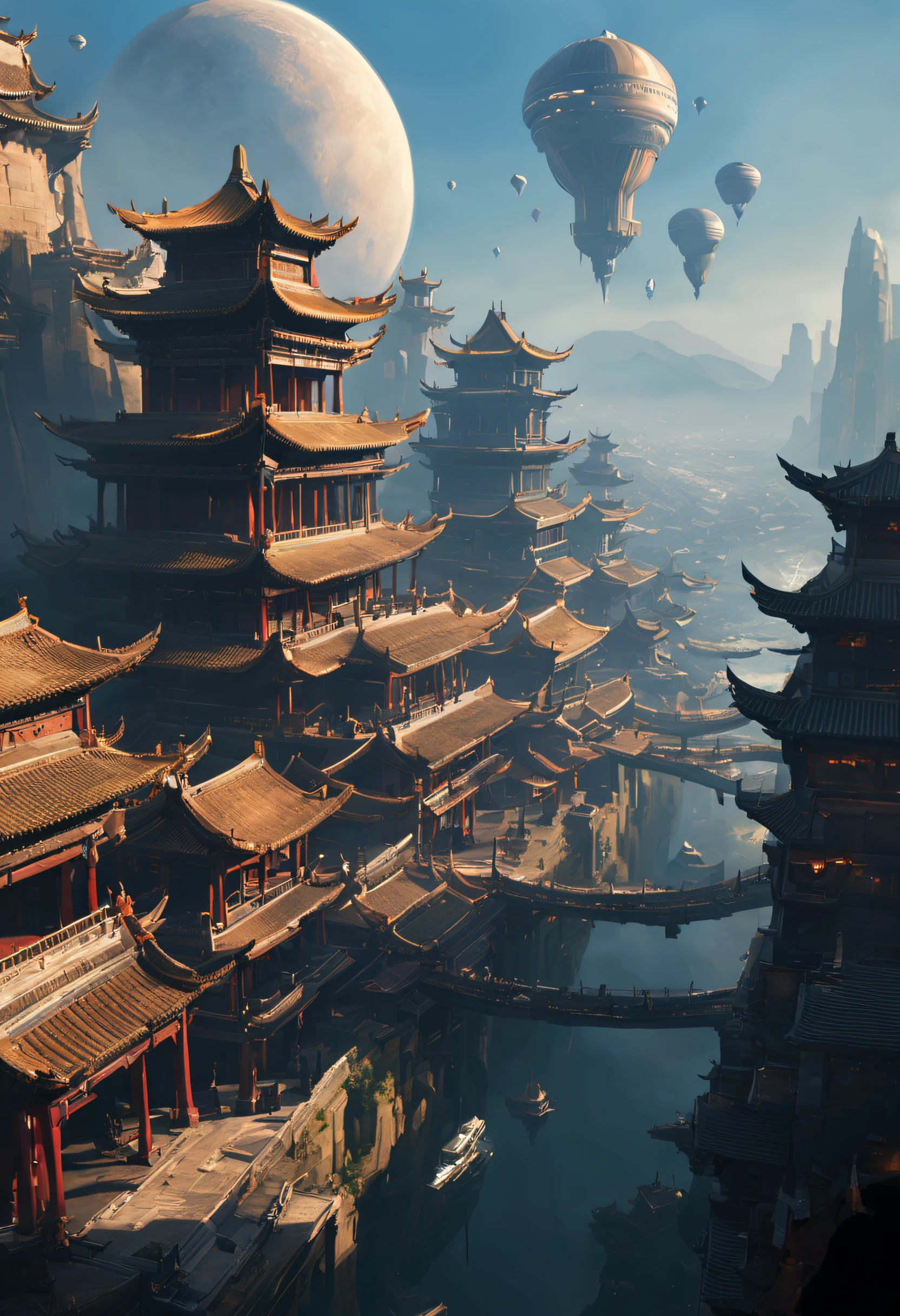 (8K, Best quality, ultra - detailed, actual:1.37), The spaceship flies over the ancient city of Chang&#39;an&#39;Show on the, Chinese big breasts, ancient city landscape, bird's eyes view, Concept art inspired by Craig Mullins, CGSociety Contest Winners, space art, detailed sci-fi art, sparth style, Star Citizen Concept Art, 8k high detail concept art, craig mullins style, nicolas bouvier sparth, scifi concept art, Bastien Grevy, scifi concept art