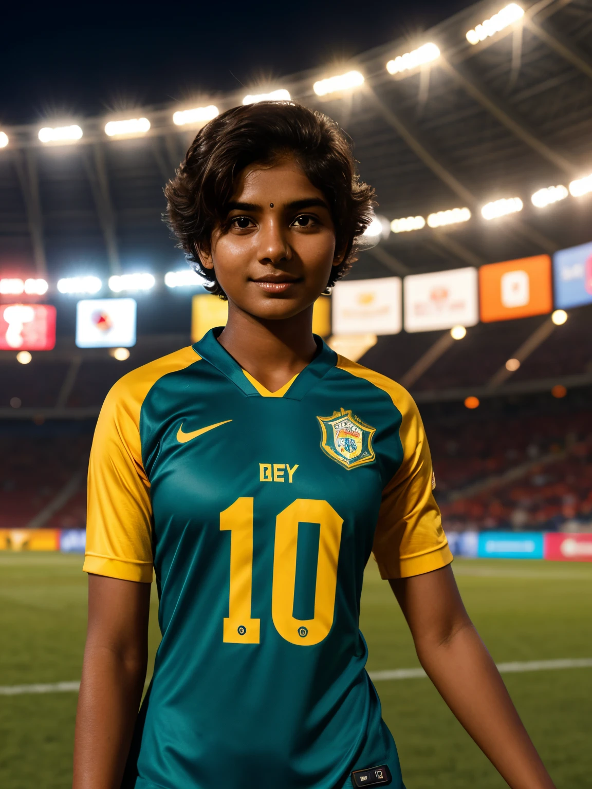 night scenario, 20 year old Tamil girl, rigorously playing the football in the field, beautiful face, eyes symmetry, face symmetry, 36D, sweat on her face and body, glowing skin, (expressing determination), watched by jam packed crowd, inside a stadium, flood lights, team members opposite team in action in the field, wearing team jersey sports shoes, very short boy haircut, vibrant colors, maximize objects in the background