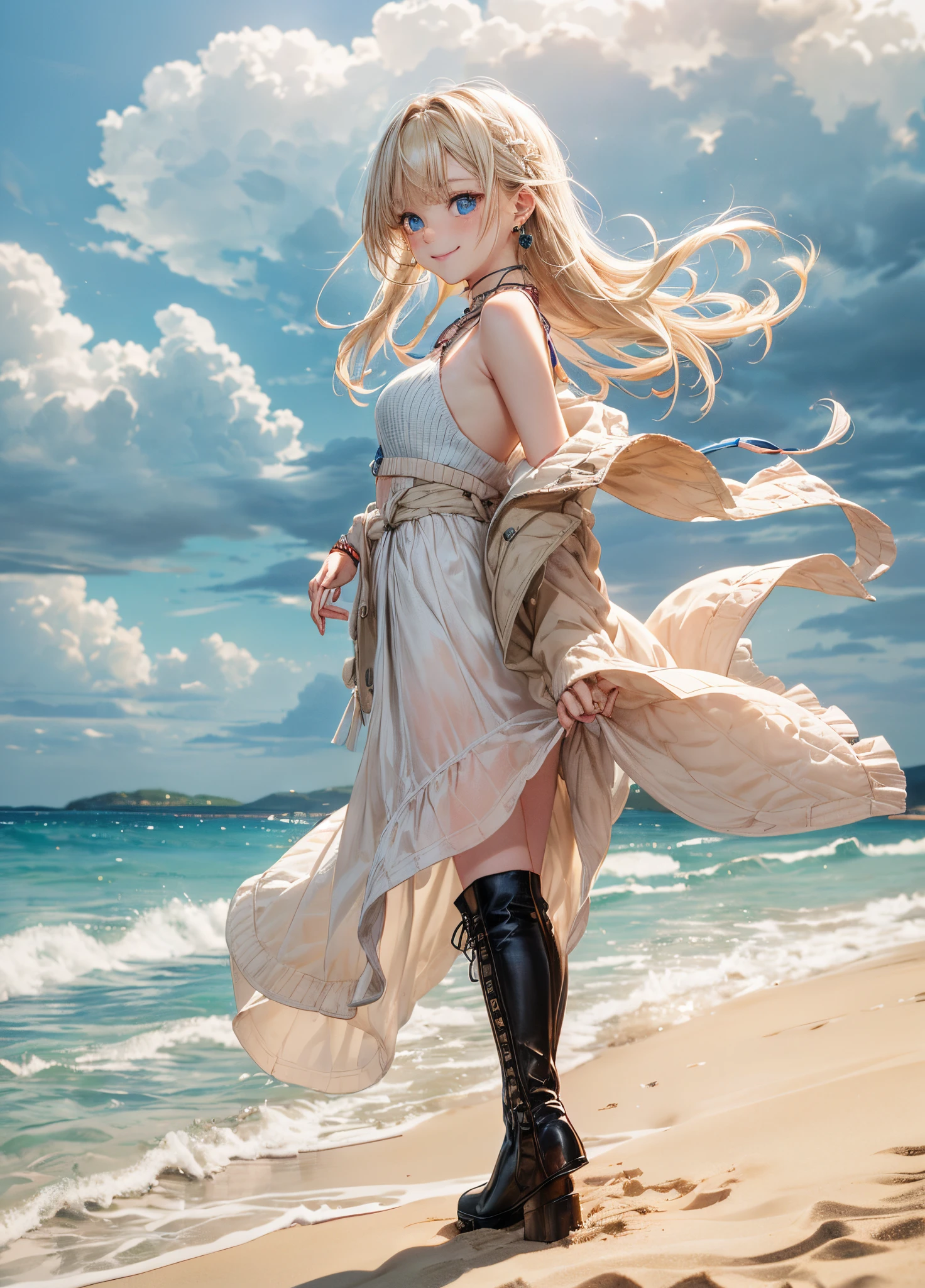 Melody Mark,absurderes, ultra-detailliert,bright colour,(独奏),(From Side:1.2),(Looking at Viewer:1.5) (short twin-tailed blonde hair:1.2),(Hair parted in the middle:1.2),Shiny hair,(White sleeveless knit:1.2),(Black long boots),skirt by the,Delicate beautiful face, red blush、(Deep Blue Eyes:1.4), White skin, hair clips, earrings, a necklace,wrist watch,(A wistful smile:1.3),Beautiful cloud,(Standing on the sandy beach and looking to the side with a sad expression:1.3),look at the sea and the sunset,at the sunset,Waves crashing on the beach,Sunlight,Light falls on the face