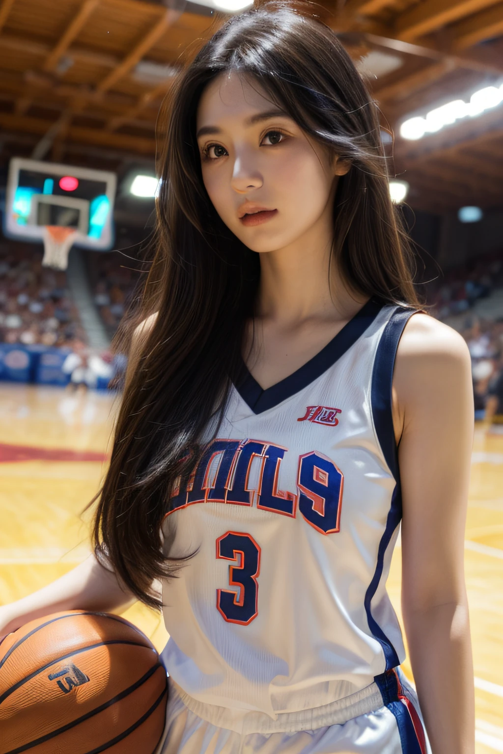 masterpiece, intricate detailed, realistic, cute girl playing basketball, white basketball jersey, basketball court, majestic luscious silky wavy long black hair photorealistic, detailed, high quality