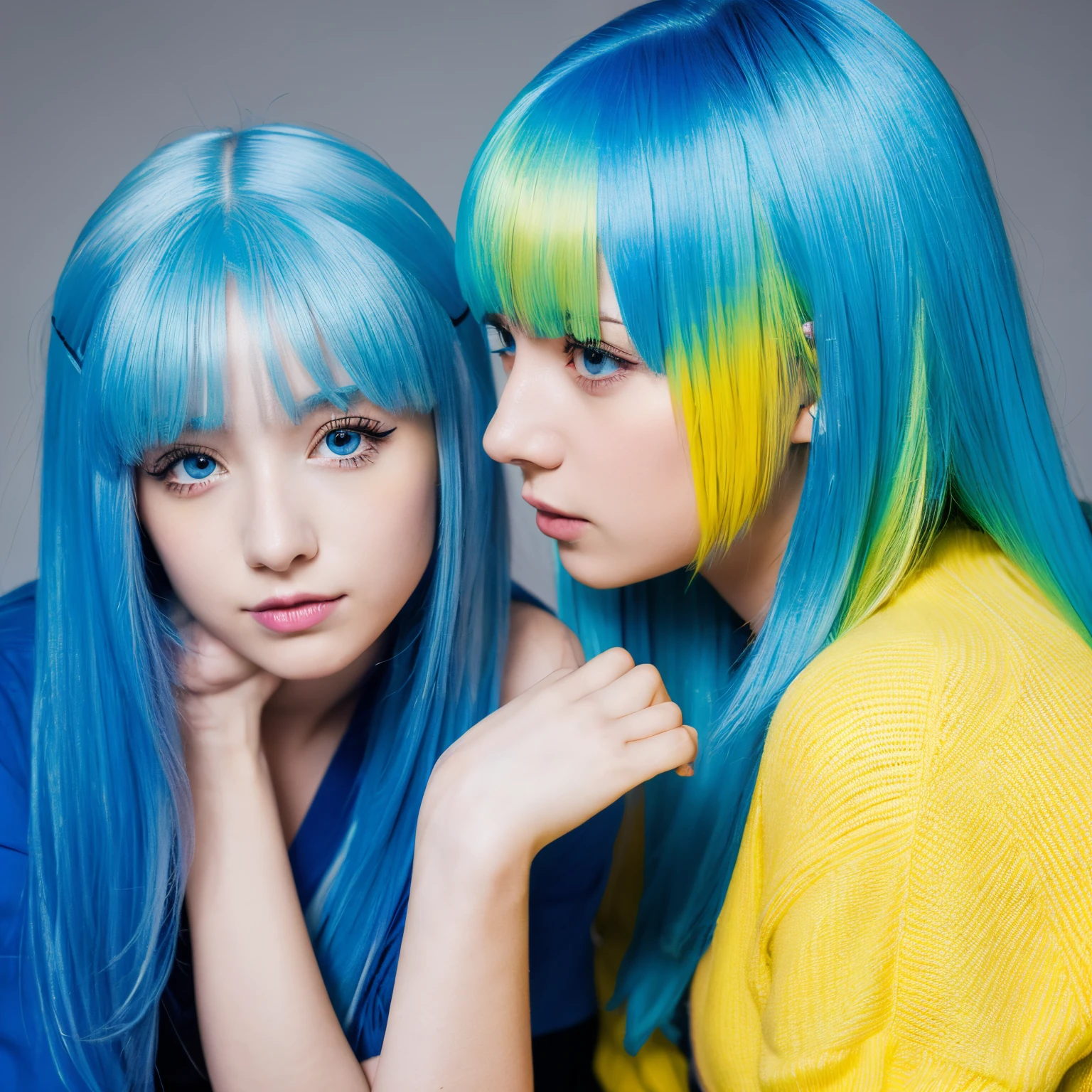Two girls with blue hair and yellow hair