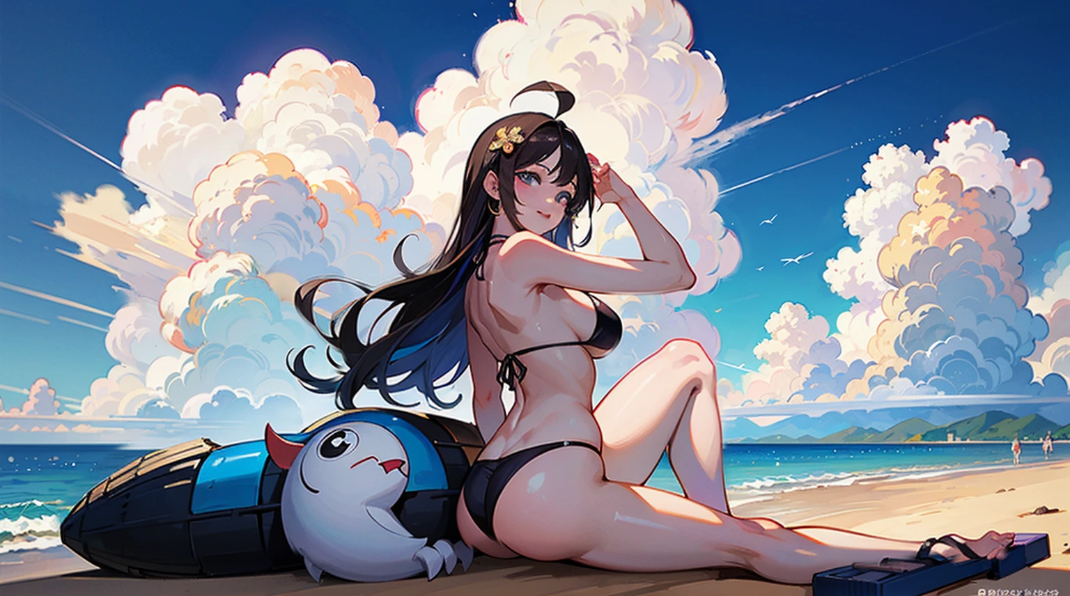 obra prima、ultra-qualidade、ultra-detalhada、desenho perfeito、sozinho、 com、(((colorful bikini））)、(round and large buttocks)、((Pose with buttocks out))、(((topo de busto protuberante)))、(seios amplos:1.5)、Suando、(pele escura)、(sorriso bonito)、20 anos de idade、Ao ar livre、sky-blue、nuvens cumulonimbus、sol brilhante、hotel resort、tropical、Resort de Praia、hibisco、Margens、(Tiro na diagonal abaixo das costas)、fundos bonitos、desenho preciso、desenho detalhado、senso de alta classe、open sky、funcional