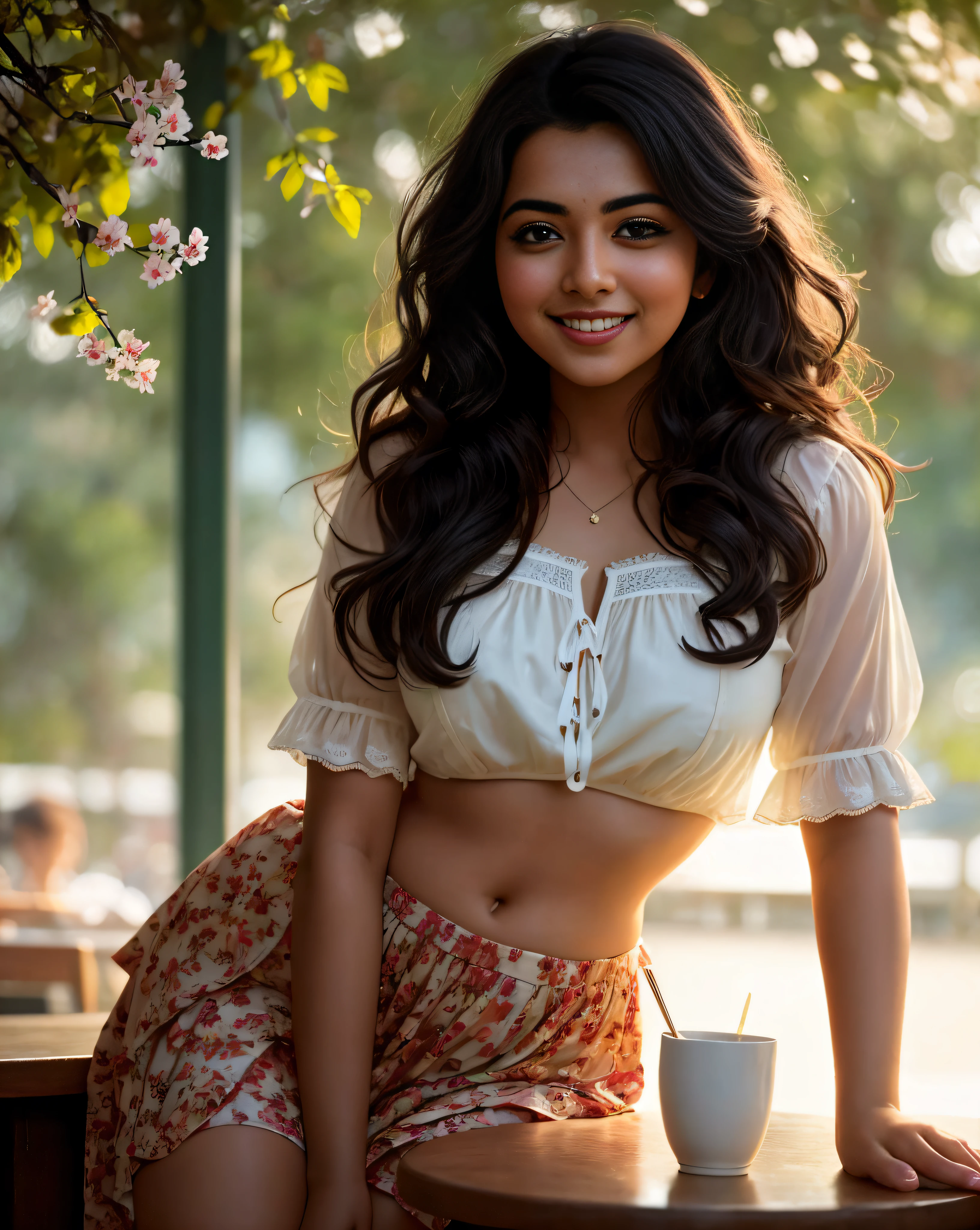 (masterpiece illustration) of a (solo:1.3) ravishing alluring curvy malayali Nazriya Nazim Thomas, having breakfast at a beach garden cafe, beautiful breakfast spread, in printed strapy blouse & skirt, navel, glistening skin, (messy wavy backlit hair), vivacious, happy, (captivating kohl lined eyes:1.3), (bright smile:1.3) cherry blossoms, sparrows, soft dramatic morning lighting, depth of field, backlit, light rays, highly detailed, trending on artstation, paint splashes, rich colour, enchanting portrait, by Ron hicks & Atey Ghailan