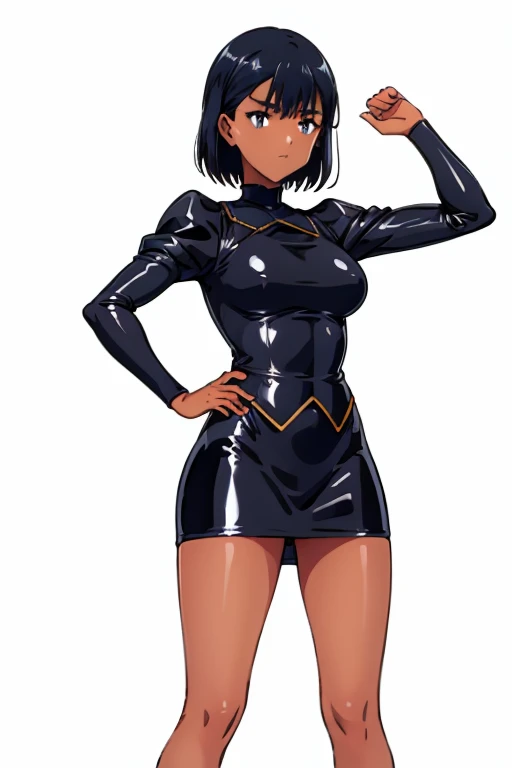 Masterpiece, Best Quality, Highly detailed, illustration, absurdres, agent aika, black delmo uniform, jacket pencil skirt, miniskirt, extremely glossy latex, puffy sleeves, tight miniskirt, latex, Beautiful body, Beautiful Nose, Beautiful character design, perfect eyes, perfect face, beautiful legs, perfect legs, Nice hands, Perfect hand, 1girl, solo, expressionless, blank eyes, looking at viewer, emotionless, black latex, corrution, mind control, female combatant, full body, hypnotized, unhappy trance, perfect female body, hypnosis, hypnoLora, empty eyes, Mind control device, poses, submissive_pose, standing, standing at attention, standing at attention, arms at sides, SummerTime Rendering, Kofune Mio, dark skin, black hair, short hair