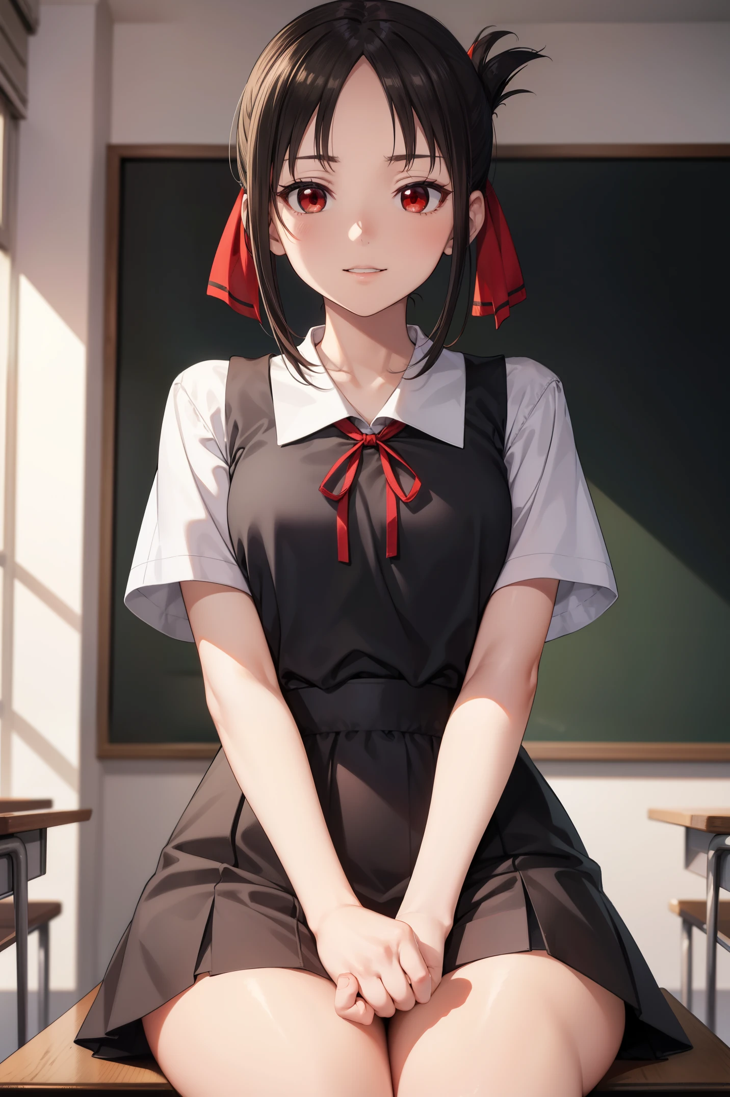 kaguyashinomiya, kaguya shinomiya, folded ponytail, forehead, hair ribbon, (red eyes:1.5), red ribbon, ribbon, short hair, sidelocks,
BREAK black dress, dress, pinafore dress, school uniform, shirt, short sleeves, shuuchiin academy school uniform, white shirt,sitting,cowboy shot,
BREAK evil smile,(looking down:1.2),(shaded face:1.5)
BREAK indoors, classroom,
BREAK (masterpiece:1.2), best quality, high resolution, unity 8k wallpaper, (illustration:0.8), (beautiful detailed eyes:1.6), extremely detailed face, perfect lighting, extremely detailed CG, (perfect hands, perfect anatomy),