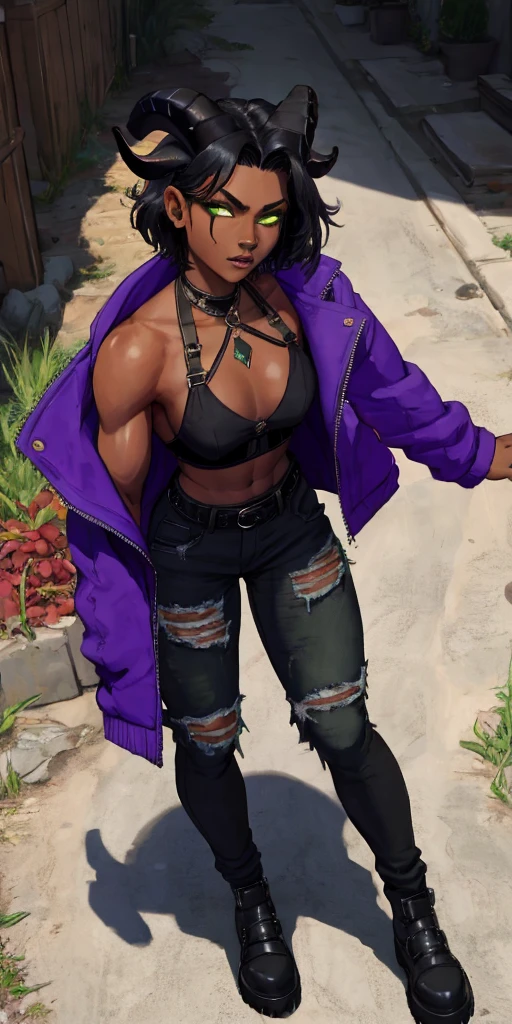 (Masterpiece) (High Detail) (High Res) (Black Skin) Looking from above A young black humanoid FutEred with dark skin and ebony flesh and green eyes and short black hair and goat ears and short dark goat horns and a toned body and small to average breasts dressed like a tomboy punk wearing a purple jacket and black jeans