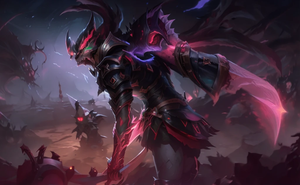 a close up of a demonic creature with a sword in a dark background, official splash art, splash art, league of legends concept art, league of legends splash art, obsidians skin, riot games concept art, league of legends character, iconic character splash art, league of legends character art, league of legends art, style of league of legends, by Yang J