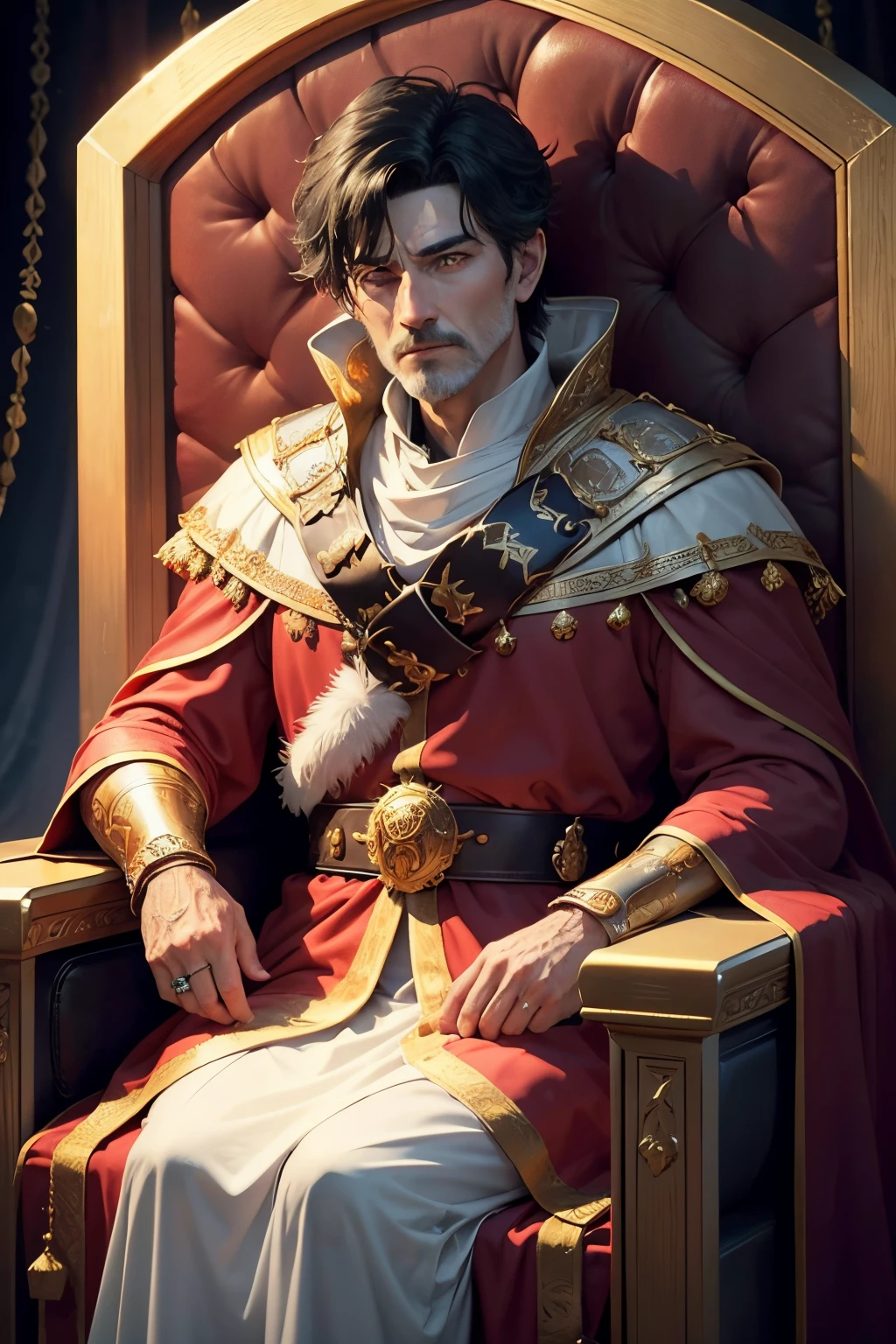 middle ages the king sits on the throne in , details on the hand ring, royal chamber, king man with black hair, old king, a lot of gold and a lot of red, The Red Mantle 60 year old king, super detail of hands and ring. gray-haired king with white stubble, Short Hair Hair, light white and red like Santa Claus