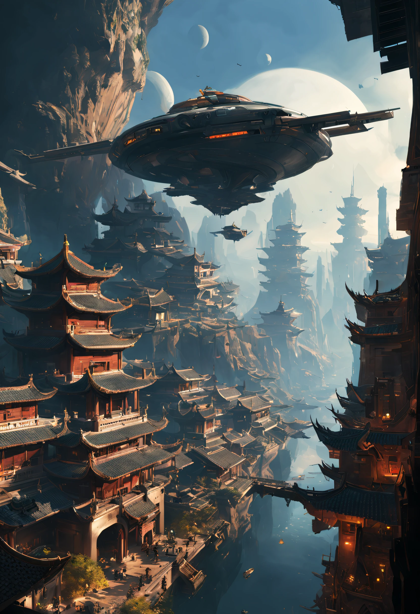 (8K, Best quality, ultra - detailed, actual:1.37), Spaceship flies over ancient Chinese city, ancient city landscape, bird's eyes view, Concept art inspired by Craig Mullins, CGSociety Contest Winners, space art, detailed sci-fi art, sparth style, Star Citizen Concept Art, 8k high detail concept art, craig mullins style, nicolas bouvier sparth, scifi concept art, Bastien Grevy, scifi concept art