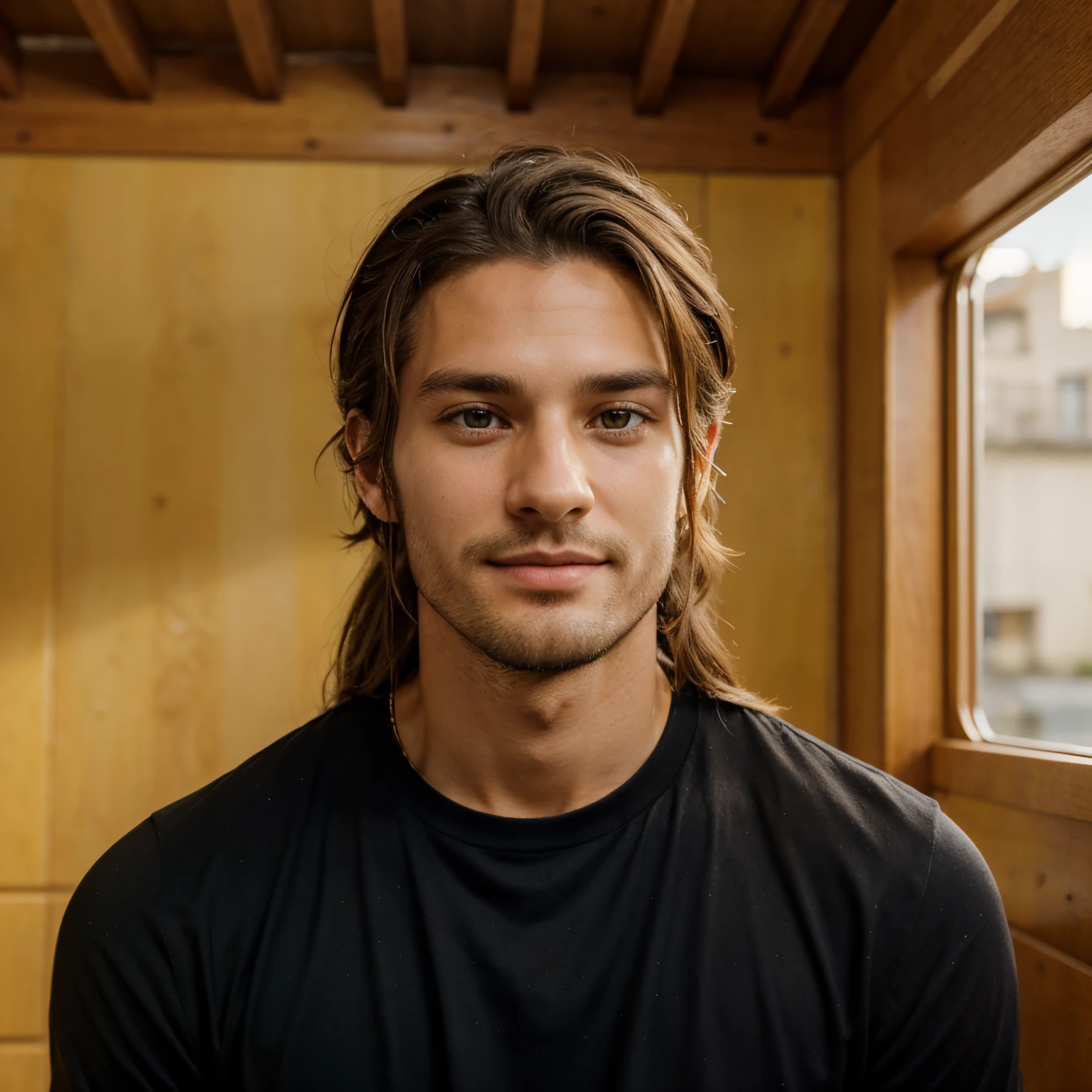 Handsome man,30 yo , long hair cut Tied at the back, tired but happy face, Spanish navigator, golden yellow eyes,  black shirt