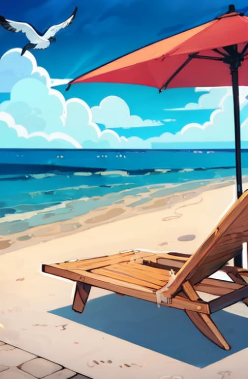 (best quality,masterpiece:1.2),alone,1girl,detailed red one-piece swimsuit,blonde hair,big breasts,Beach,sand,blue sea,clear sky,vibrant colors,soft sunlight,cool breeze,relaxing atmosphere,stunning view,reflections on water,shells,sandy toes,seagulls flying,seashells,sun hat,summer vibes,serene moment,tranquility,endless horizon,tropical paradise,beach umbrella,beach chair,peaceful waves,glistening waters,cool drink,beach towel,lush palm trees,Tropical setting,exotic getaway