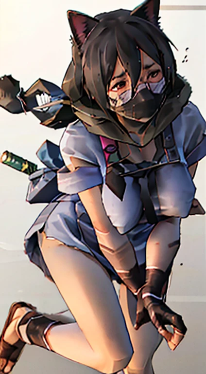 Stema Peace、hanekawa tsubasa、attack of glasses、A dark-haired、large boob、 (Black hair, Brown eyes, Round face),With ribbon, (nose blush, half opened eye),, [Full body shot]、eye glass、Head-to-toe shots、A dark-haired、Kunoichi&#39;my clothes are torn、Holding a dagger in each hand、