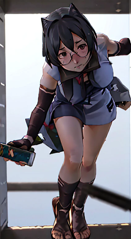 Stema Peace、hanekawa tsubasa、attack of glasses、A dark-haired、large boob、 (Black hair, Brown eyes, Round face),With ribbon, (nose blush, half opened eye),, [Full body shot]、eye glass、Head-to-toe shots、A dark-haired、Kunoichi&#39;my clothes are torn、Holding a dagger in each hand、