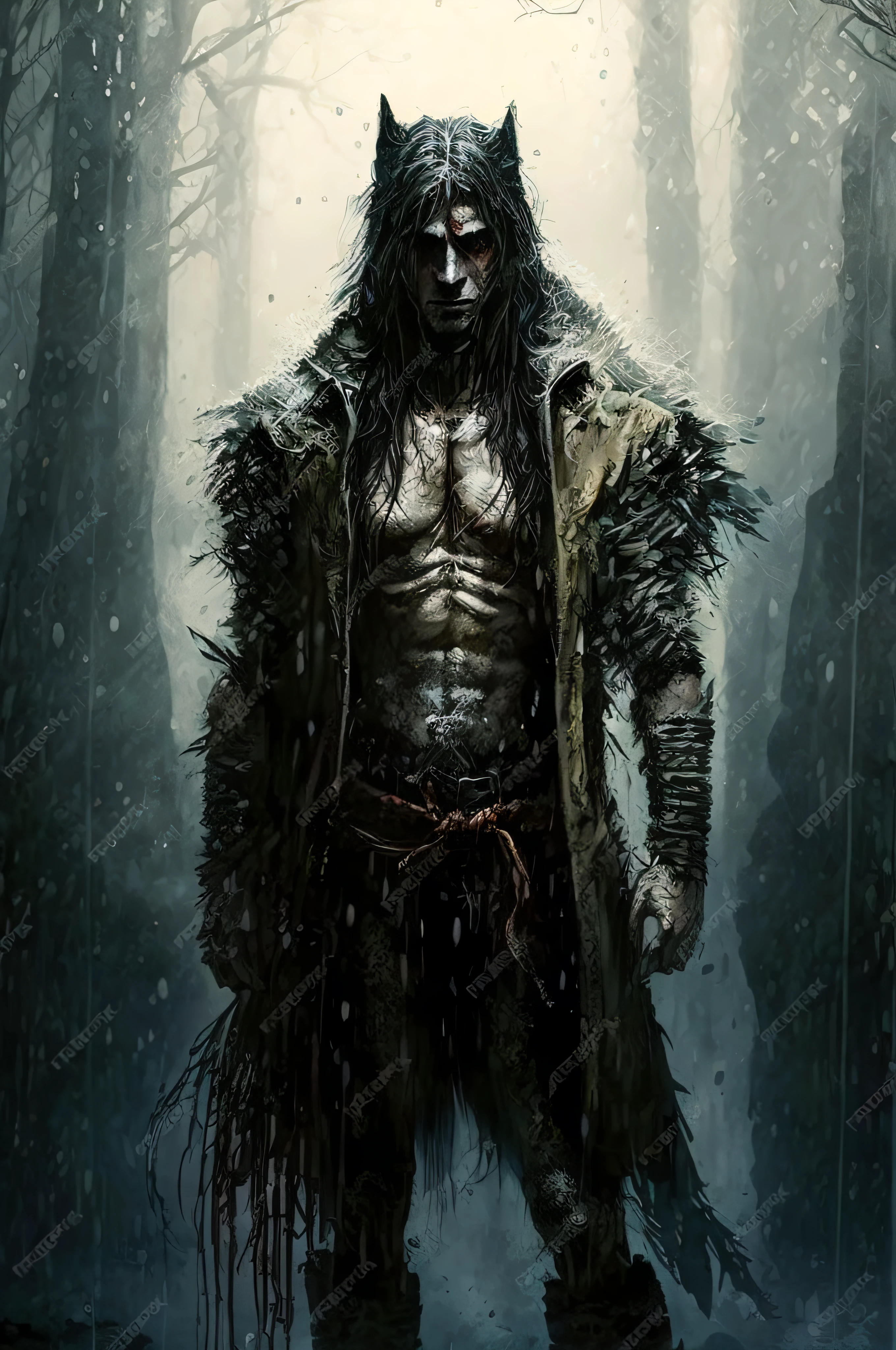 a close-up of a man in costume standing in a forest, solomon kane, design de personagens de fantasia sombria, Male werewolf from the Banu Haqim clan, arte de estilo fantasia escura, no estilo da arte da fantasia sombria, as a solomon kane, arte de fantasia sombria, arte conceitual de fantasia sombria, Arte conceitual de The Witcher, guerreiro das trevas, arte conceitual sombria, necromante masculino