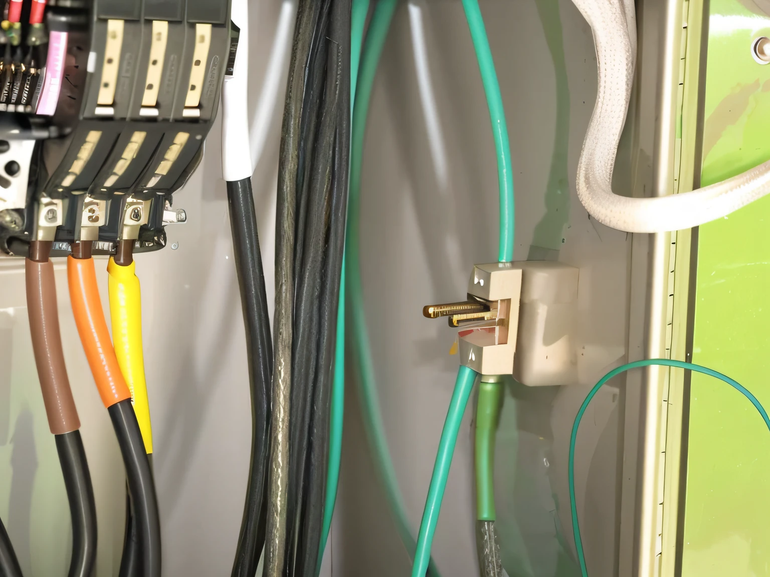 a close up of a bunch of wires and wires in a box, wires in background, wires connected, loose wires, connected trough wired, wires and cables coming out, electrical wires, many wires attached to her, exposed wires, thick wires, with cables and wires coming out, cables connected to head, cable plugged in, exposed wiring and gears, lots of wires