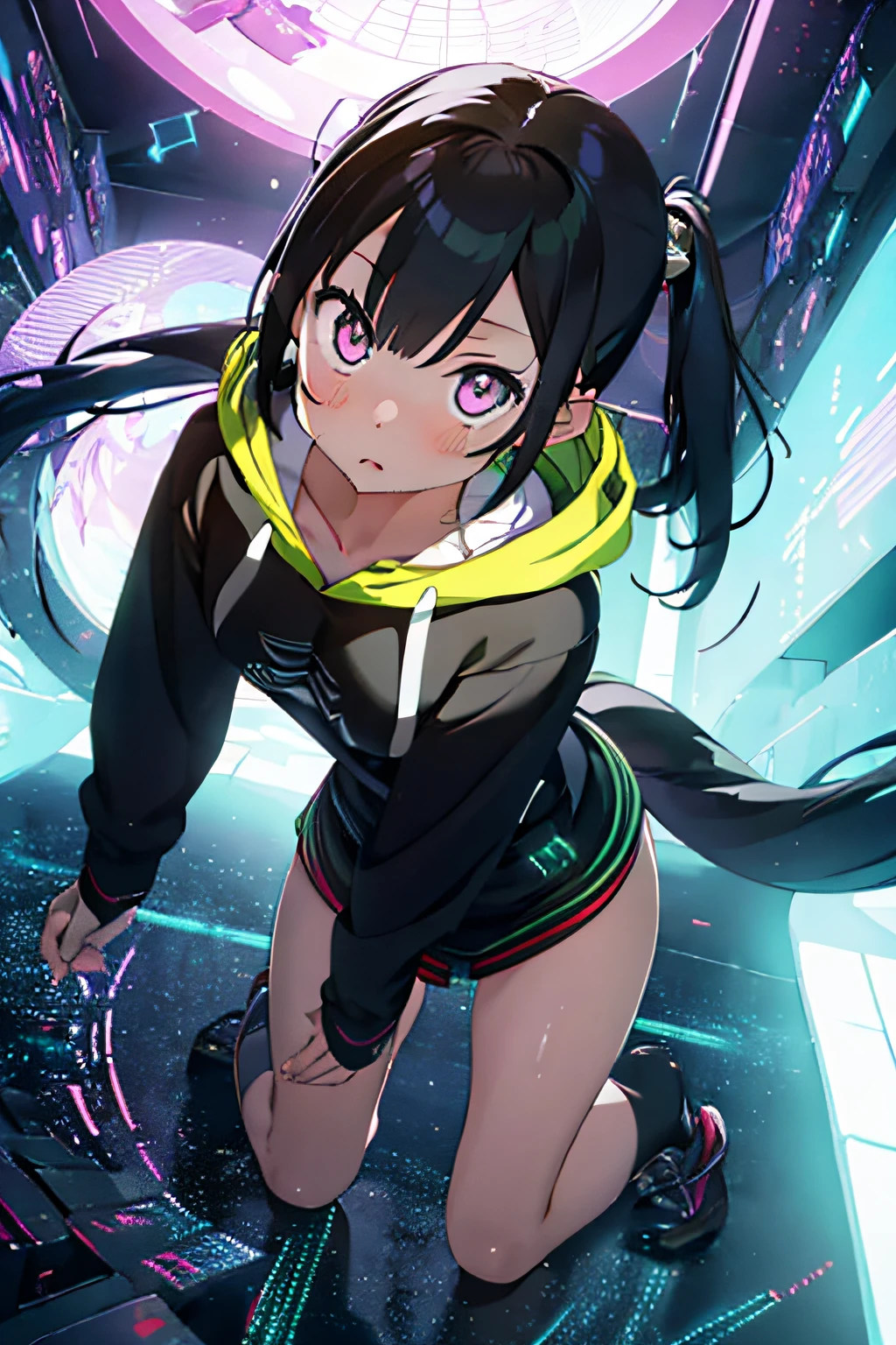 1girl), bottomless, anime style, polished and powerful look, huge breast, exotic, girl design, mara, portrait, giesha, anime image, with yellow green side tail long hair, showing shoulder, black and green punk hoodie, low angle, wide angle lens f/2.8, ultra insane high resolution intricate textures, texture indentation, perfect perspective, perfect geometry, ultra insane ambient lighting, ultra insane ambient shadows, luminism, tessellation, maximalism, perfectionism, IPA Award wining masterpiece, full body