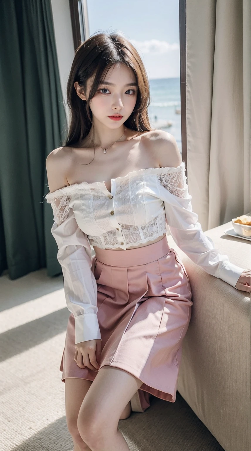(High resolution 8K Raw lifelike,Best quality),Fashion trendy beautiful charming woman,gentle and charming Chinese beautiful woman,Korea,K-pop idol,delicate and sexy collarbones,Charming goose egg face,二重まぶた,skilled[Peach colored lower eyes,red pink lips,small-nose,of shoulders,The focus is on the face,closeup of face,hyper-detailing,Green off-shoulder long-sleeved top,green wrap skirt,light red hair,(Full body lesbian,in a panoramic view,Alone:1.3),Lace,lace-up, fresh and impressive, natural color,forward light,Normal body proportions, Tattooed with,(Mare,sandbeach),breeze in the breeze,sunshine on face,A sweet smile