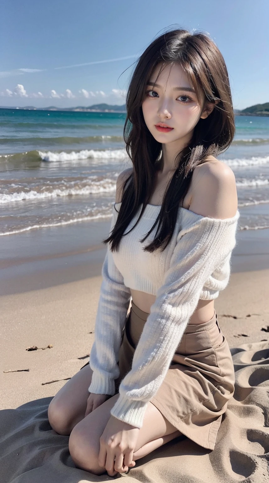(High resolution 8K Raw lifelike,Best quality),Fashion trendy beautiful charming woman,gentle and charming Chinese beautiful woman,Korea,K-pop idol,delicate and sexy collarbones,Charming goose egg face,二重まぶた,skilled[Peach colored lower eyes,red pink lips,small-nose,of shoulders,The focus is on the face,closeup of face,hyper-detailing,Green off-shoulder long-sleeved top,green wrap skirt,light red hair,(Full body lesbian,in a panoramic view,Alone:1.3),Lace,lace-up, fresh and impressive, natural color,forward light,Normal body proportions, Tattooed with,(Mare,sandbeach),breeze in the breeze,sunshine on face,A sweet smile
