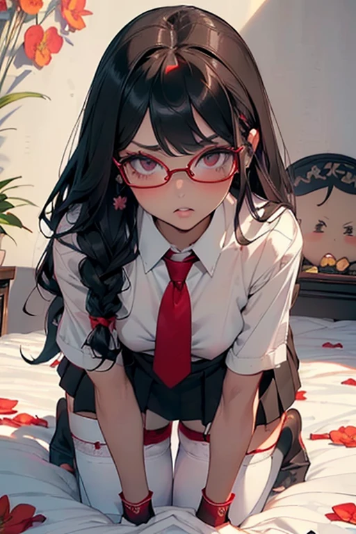 (Long black straight hair)、 (extra detailed face、extremely detailed eye、Sexy Beauty、二重まぶた、Red glasses、embarrassed from、Smile happily、Thick lip)、 (Formal white shirt:1.3)、(open clothes:1.5)、(Red short tie:1.5)、(Show off red sexy mini bra:1.3) (black tight mini pleated skirt:1.3)、(Skirt lift:1.3)、(Show off red sexy mini panties:1.3)、(Cameltoe:1.3) (Black garter belt:1.3)、(Black thigh socks:1.3)、 ((Medium chest:1.3)、Glamorous、Slim waist、big butts、(zettai ryouiki:1.3)) (５Fingered hand、Beautiful woman with perfect figure、high detailed skin texture)、 (ultra close up:1.3)、(Focus on the crotch)、(From the top:1.2)、 (Full body posture)、(Lie on the bed and spread your legs:2.0)、(Put your hand on your crotch:1.3)、(Many colorful flowers bloom in the background:1.3)、 (top-quality、8K、​masterpiece)、(Centered、scale to fit the dimensions、thirds rule)、 (NSFW:1.2)