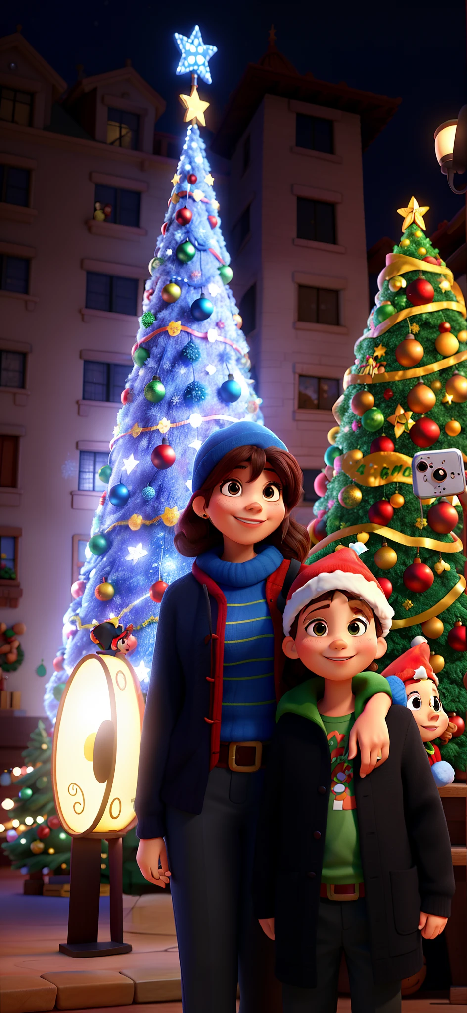 Disney Pixar style image with a woman and her happy son in a hat taking a selfie in front of a Christmas tree, la noche, With a tree in the background and flashing lights.... en el fondo los elfos de santa claus, un trineo , Temporada de vacaciones, Pareja feliz