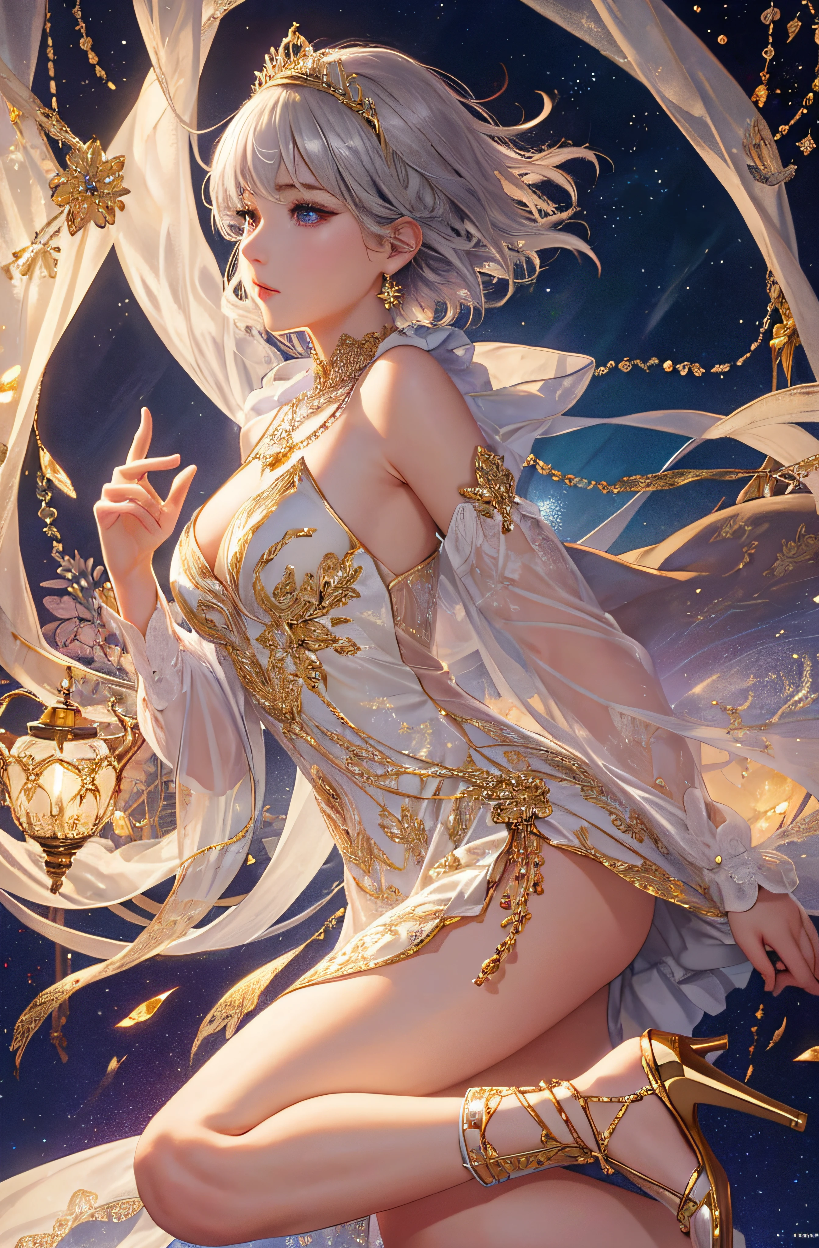 stand up、profile、8K、realphoto、超A high resolution, Master Parts, Best Quality, nffsw , cinematic images,Lovely girl、ann、16 only、Anglo-Saxon、二重まぶた、drooing eyes、Very big eyes、Eyes purple、Dark eye shadow、The lips are very thin、The tip of the nose stretches beautifully..................、the tip of the nose is small,,,,, ighly detailed , Silver hair、Straight short hair、ssmile、 Sweet look 、a very beautiful woman、legs are long、 Very clear shadows , jewely , A sexy , A detailed eye, very intricate, shiny skins , Perfect Brilliant, Perfect Lighting, Dramatic shadows、White tiara on head、Gold necklace around the neck、Noble dress with gold embroidery、Glass High Heels