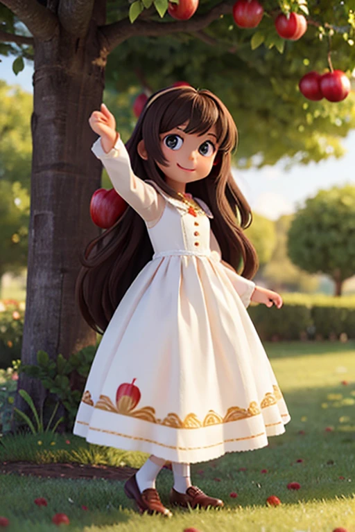 a long-haired woman in a dress who is happy with her hands up under an apple tree