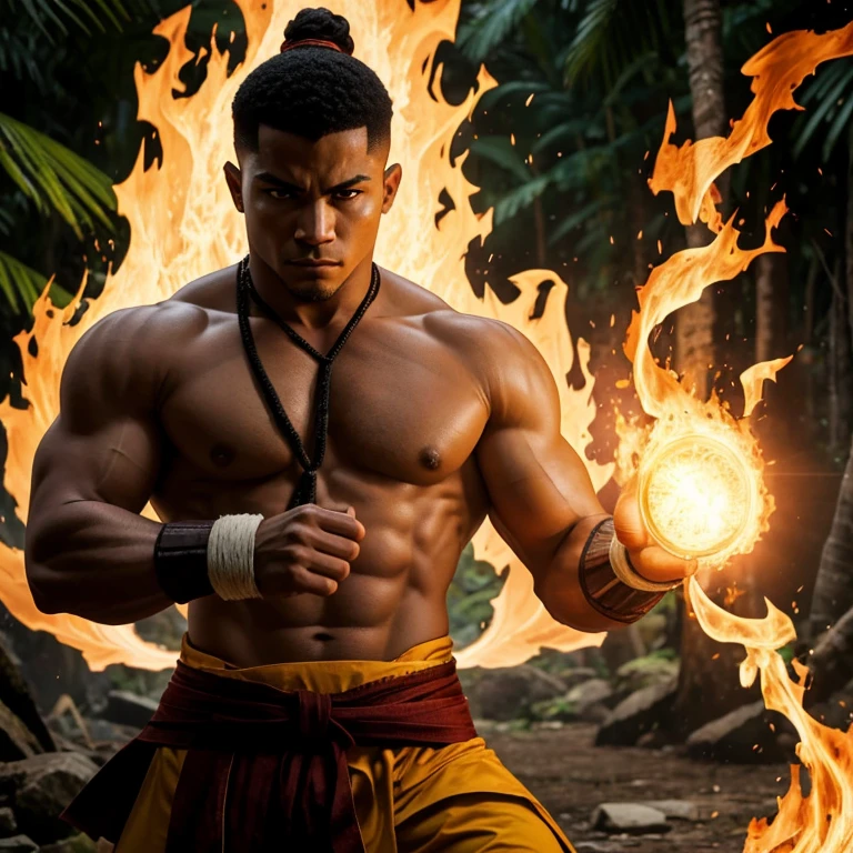 Firebender, warrior of the fire element, Art in the style of Michael Dante DiMartino, very strong man, mixed race of white and black, using Abadá in white capoeira, scenery of the Amazon rainforest, 4k ultra HD images.