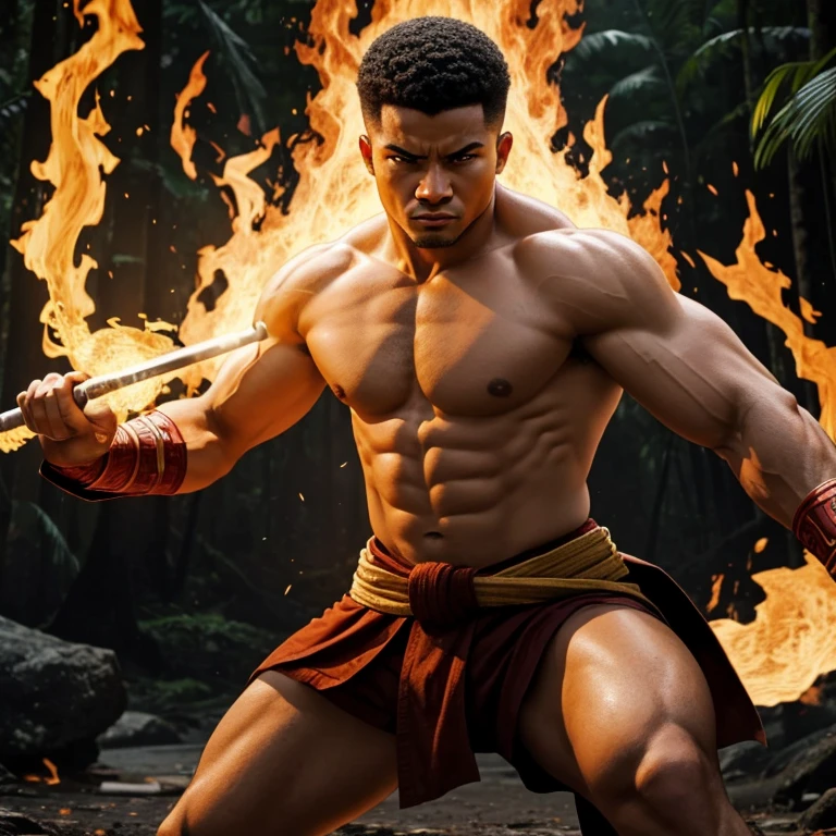 Firebender, warrior of the fire element, Art in the style of Michael Dante DiMartino, very strong man, mixed race of white and black, using Abadá in white capoeira, scenery of the Amazon rainforest, 4k ultra HD images.