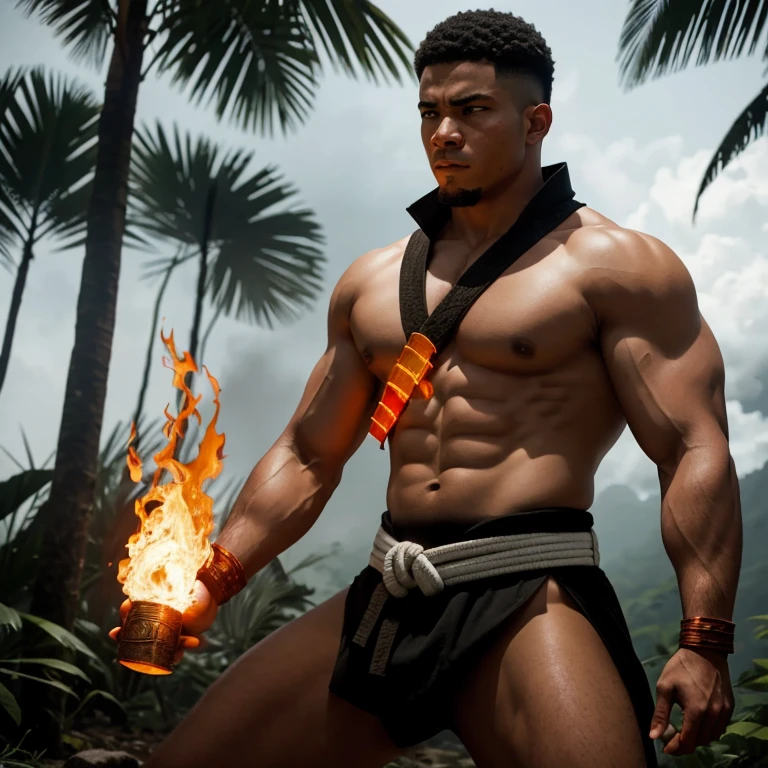 Realistic photo, a pair of young Indonesian men and women wearing red t-shirts, with the name "Indonesia Maju" printed on the front, a young man holding a bamboo stick and a red and white flag. The young Indonesian had an enthusiastic and dashing expression, and was surrounded by a storm of fiery flames. Sparks and embers could be seen coming out of his clothes, and his weapons were a very sharp sharpened bamboo stick that radiated a hot aura, a hawk, a chain. The backdrop is a dark, stormy night with fog and a full moon casting a pale light on the scene