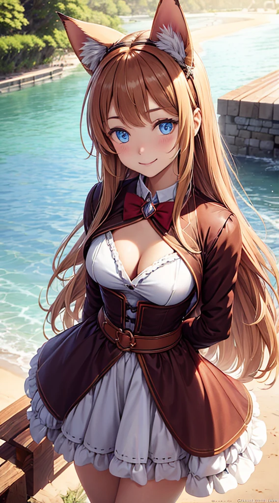 1girl in, animesque,  top quality, masterpiece, Bethel, Blue eyes, Moist eyes, Long hair, brown haired, Hair over one eye, Bangs, One ear is visible, Big shirt, Solo, Unbuttoned shirt, beautifull hands, perfect hands with no flaws, White shirt, bending forward, directly in front, Emphasize the chest with arms, Cat's ears, Smile, a park, Background, Sunset sky