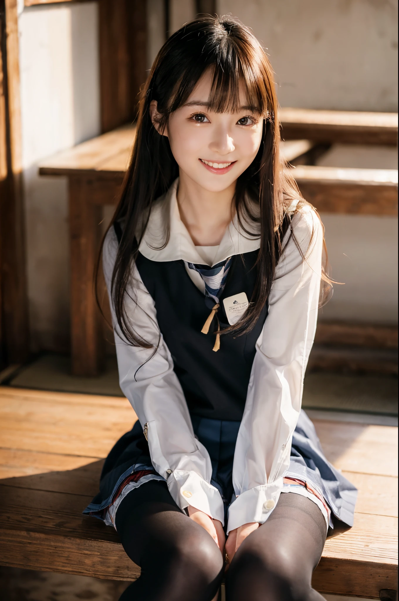 ulzzang -6500-v1.1, (Raw photo:1.2), (Photorealsitic), a beautiful detailed girl, Sitting on a bench、(Real: 1.4), ((Japan School Uniforms:1.2、Super realistic black tights:1.2))、((nightcity:1.2)), selfee, Instagram、game_nffsw, huge filesize, hight resolution, ighly detailed, top-quality, [​masterpiece:1.6], illustratio, ighly detailed, nffsw, finely detail, top-quality, 8k wallpaper, Cinematographic lighting, 1girl in, 17 age, perfect body type, cute droopy eyes beautiful big eyes、Pieckfinger, ((masutepiece)), Best Quality, 1girl in, eye shadow, Portrait, ((FULL BODYSHOT:1.4))、(Very affectionate smile:1.2)、realistic skin textures、shinny skin、Exposed thighs!!!