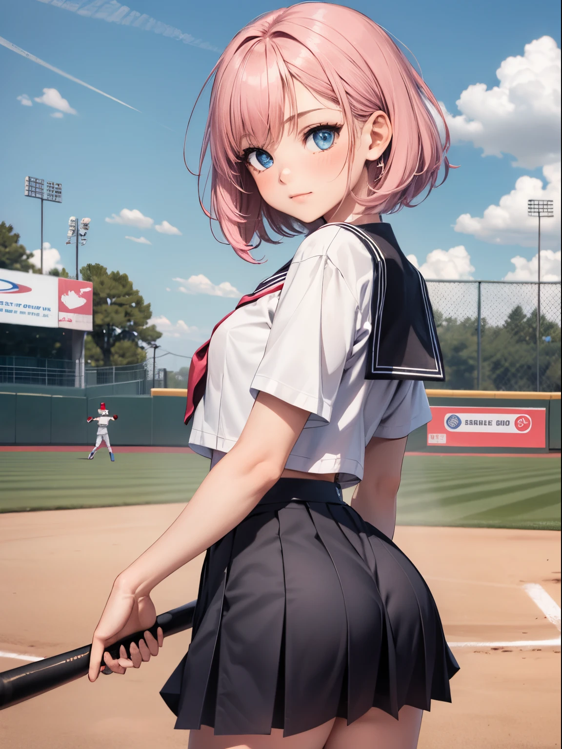 1girl, cute girl, shiny body, shiny skin, middle breasts), pink hair, short bob hair, blue eyes, ass support, holding baseball bat, school girl, school sailor uniform, white shirt, pleated skirt, baseball Helmet, baseball field,