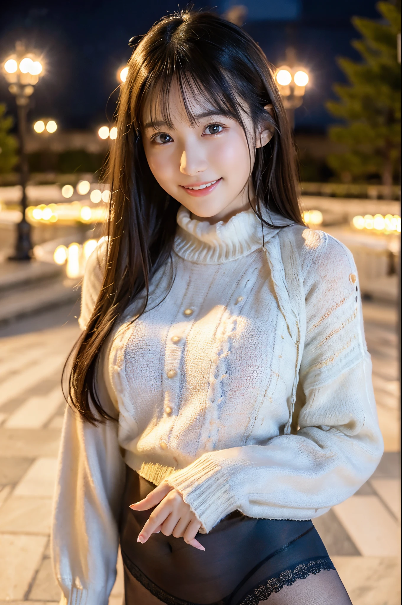 ulzzang -6500-v1.1, (Raw photo:1.2), (Photorealsitic), a beautiful detailed girl, (Real: 1.4),  ((Illumination plaza at night:1.3)), (( midwinter sweater:1.3, Ultra-realistic pantyhose:1.2))、selfee、Instagram、game_nffsw, huge filesize, hight resolution, ighly detailed, top-quality, [​masterpiece:1.6], illustratio, ighly detailed, nffsw, finely detail, top-quality, 8k wallpaper, Cinematographic lighting, 1girl in, 17 age, perfect body type, cute droopy eyes beautiful big eyes、Pieckfinger, ((masutepiece)), Best Quality, 1girl in, eye shadow,  Portrait, ((FULL BODYSHOT:1.4))、(Very affectionate smile:1.2)、realistic skin textures、shinny skin、Exposed thighs!!!