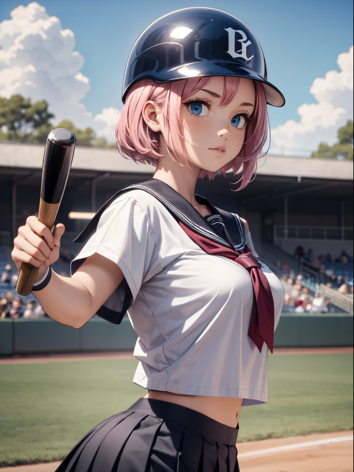 (masterpiece), (Best Quality), High resolution, Ultra Detail, photorealistic, 8K, intricate face, Detailed body, Detailed face, Beautiful, (1girl, cute girl, shiny body, shiny skin, middle breasts), pink hair, short bob hair, blue eyes, ass support, holding baseball bat, school girl, school sailor uniform, white shirt, pleated skirt, baseball Helmet, baseball field,