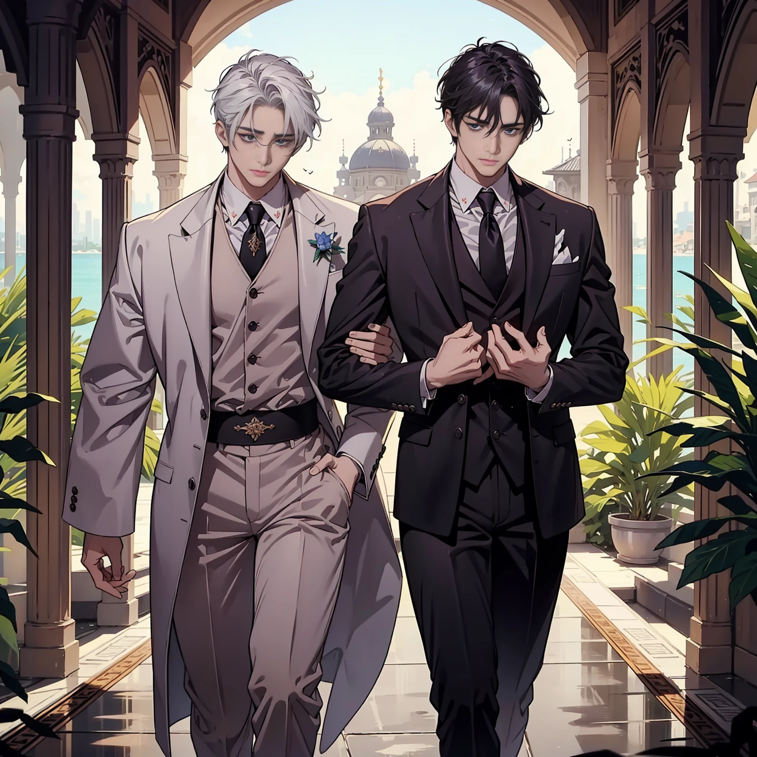 theme: Wounds, healing, forgiveness, and reconciliation between father and son、Characters whose misfortunes turn into blessings: Constantine the Great: 34 years old、Adult males、Long body、broad shoulder、thick neck、Lion-like eyes、Bright and sharp eyes、He protects his young son, Crispus.、Sincere and kind、Kind and reliable, but able to deal with things in a ruthless manner、talented and hardworking businessman、successful gentleman、careerist、white suit、dark purple tie、Light purple shirt、forceful、Overwhelming ruler atmosphere, young son: happy father and son relationship、Be loved、Benevolent Father Style Tone:Bold composition、look up to、lyrical、Dramatic、heartful、Romantic、Travel situation、Exotic、Romanticism、Mysterious、opulent、elegan、elegance background: Croatia in the sunset、pula sea、Resort、vacation、summer resort theme: repentance、Forgiveness、soothing、reconciliation/proverb: 「merit of injury」「A disaster turns into a blessing」「It rains and the ground hardens」 period: 夏天