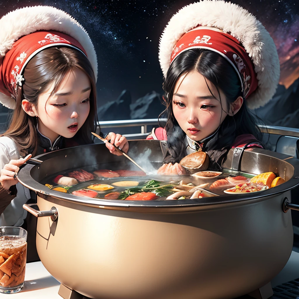 A group of Chinese people are eating Chinese hot pot delicacies on the moon --auto --s2