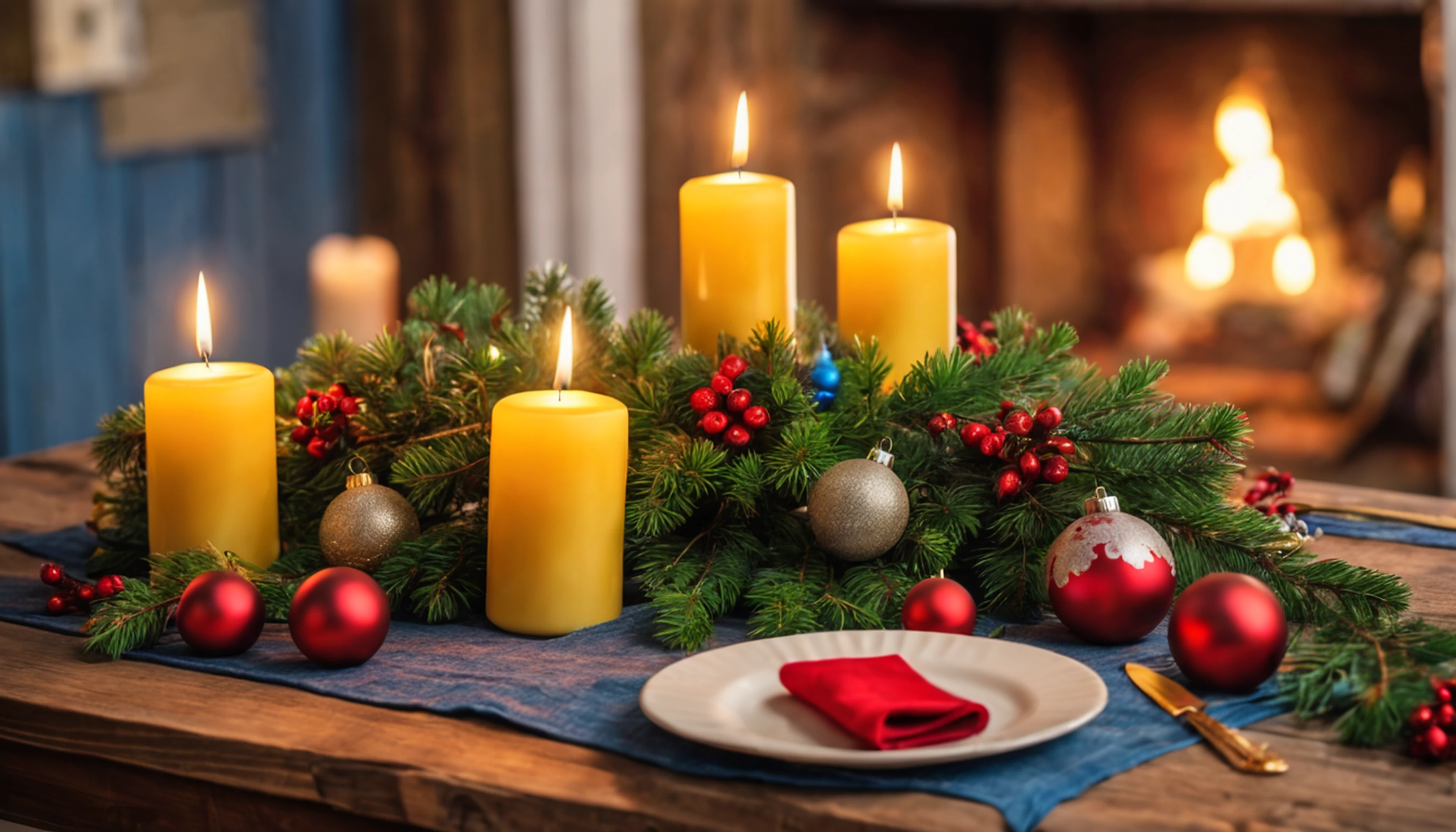 Breathtaking cinematic photo of a real Hyperrealistic christmas still life on an antique wooden table covered with Christmas tablecloth, mistletoe and pine branches decorated with golden christmas tree decorations, red colored candles in golden candlesticks, candle lights, in the background multicolor led lights (red, blue, green, yellow), extremely high-resolution details, photorealism, realistic lifelike textures, masterpiece, best quality, sharp focus, photorealism, photorealistic, 8k, volumetric light, (intricate details),  hdr, high detailed, high quality, soft cinematic light, dramatic atmosphere, atmospheric perspective, ultra realistic, neutral colors, cinematic lighting, wide angle, film grain, dslr, raw photo,