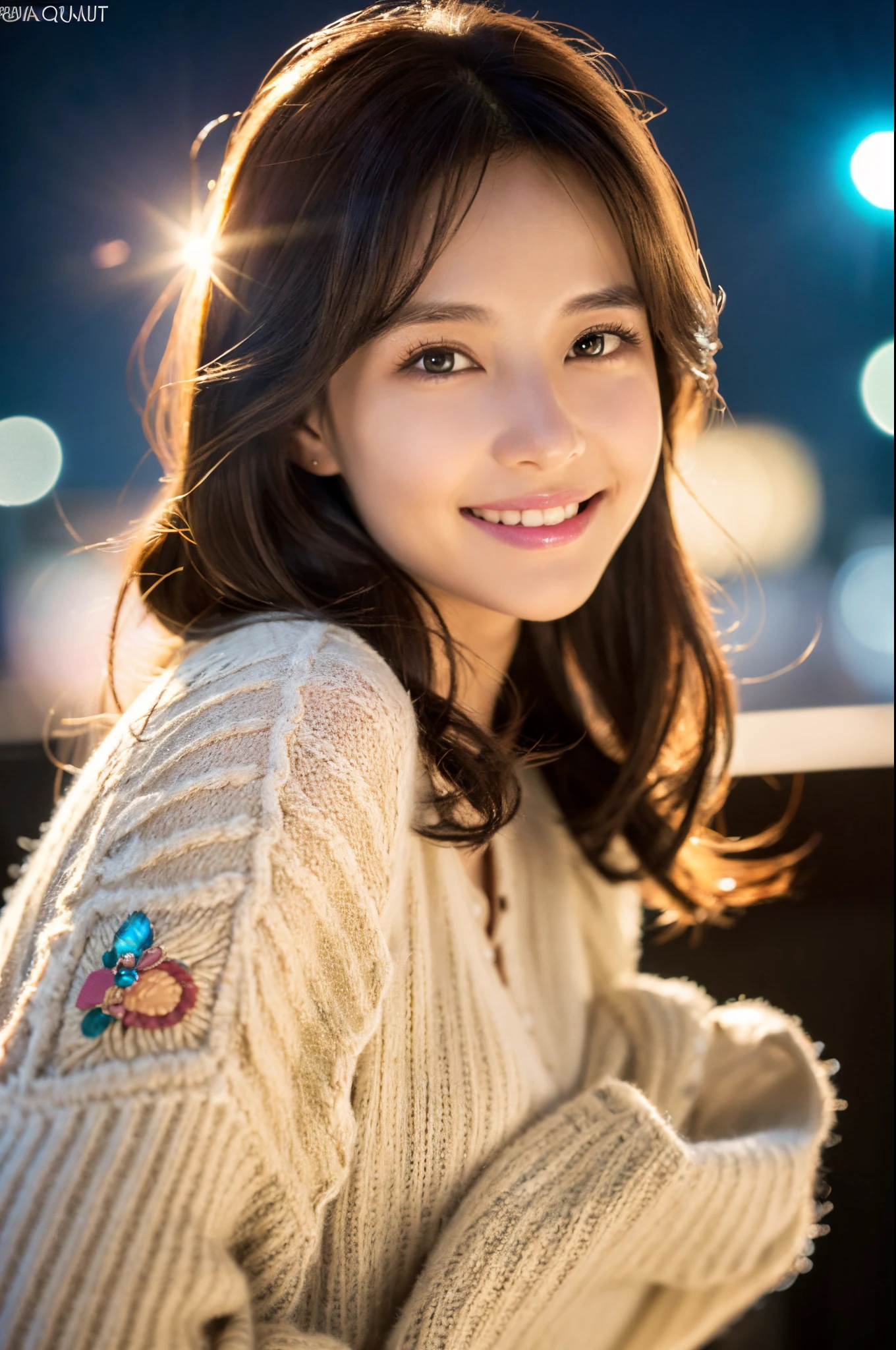 ulzzang -6500-v1.1, (Raw photo:1.2), (Photorealsitic), beautiful detailed women, (Real: 1.4), extremely detailed eye and face, beatiful detailed eyes, ((A very beautiful illumination square at night:1.5)), (( midwinter sweater:1.3, Ultra-realistic pantyhose:1.2))、selfee、Instagram、game_nffsw, huge filesize, hight resolution, ighly detailed, top-quality, [​masterpiece:1.6], illustratio, ighly detailed, nffsw, finely detail, top-quality, 8k wallpaper, Cinematographic lighting, 1womanl, 25-years old, perfect body type, cute droopy eyes beautiful big eyes、Pieckfinger, ((masutepiece)), Best Quality, 1womanl, eye shadow,  Portrait, ((FULL BODYSHOT:1.4))、(Very affectionate smile:1.2)、realistic skin textures、shinny skin、Exposed thighs!!!