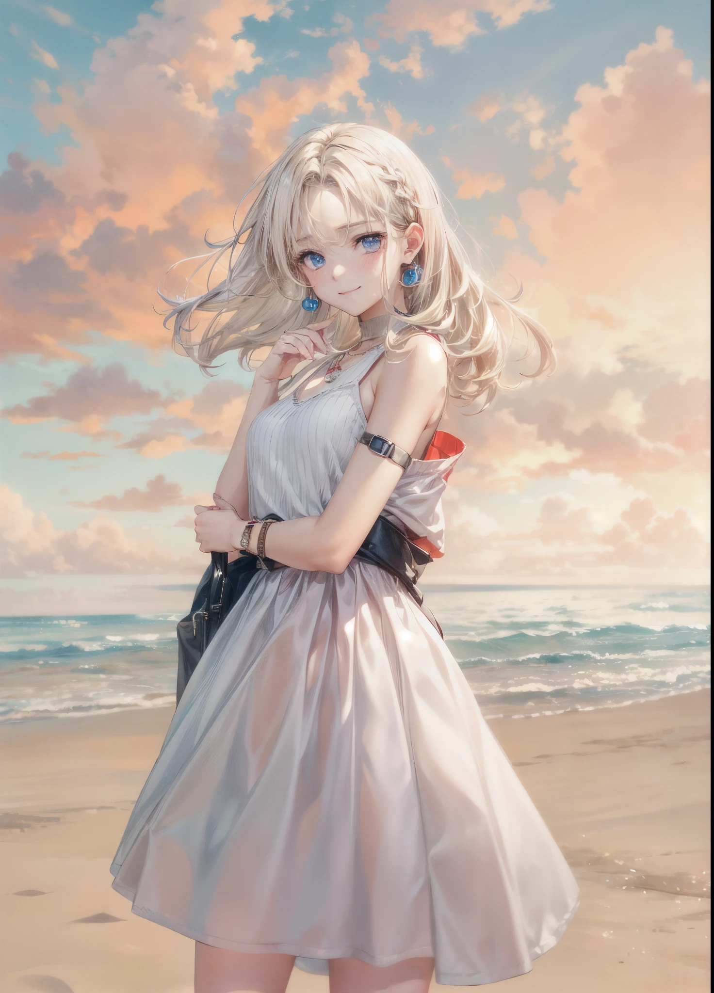 Melody Mark,absurderes, ultra-detailliert,bright colour,(独奏),(From Side:1.2),(Looking at Viewer:1.5) (short twin-tailed blonde hair:1.2),(Hair parted in the middle:1.2),Shiny hair,(White sleeveless knit:1.2),(Black long boots),skirt by the,Delicate beautiful face, red blush、(Deep Blue Eyes:1.4), White skin, hair clips, earrings, a necklace,wrist watch,(A wistful smile:1.3),Beautiful cloud,(Standing on the beach and looking to the side with a sad expression:1.3),look at the sea and the sunset,at the sunset,Waves crashing on the beach,Sunlight,Light falls on the face